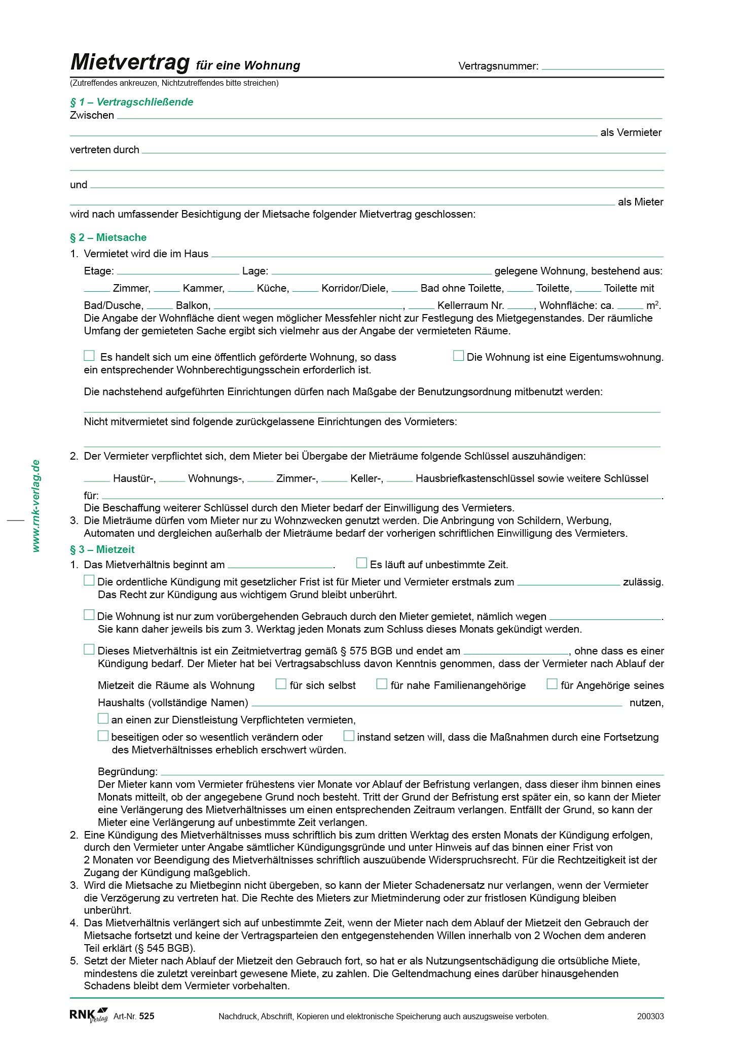 RNKVERLAG 525 - Mietvertrag für Wohnungen - ausführliche Fassung, 8 Seiten, gefalzt auf DIN A4, mit Wohnungsgeberbescheinigung, 50 Stück