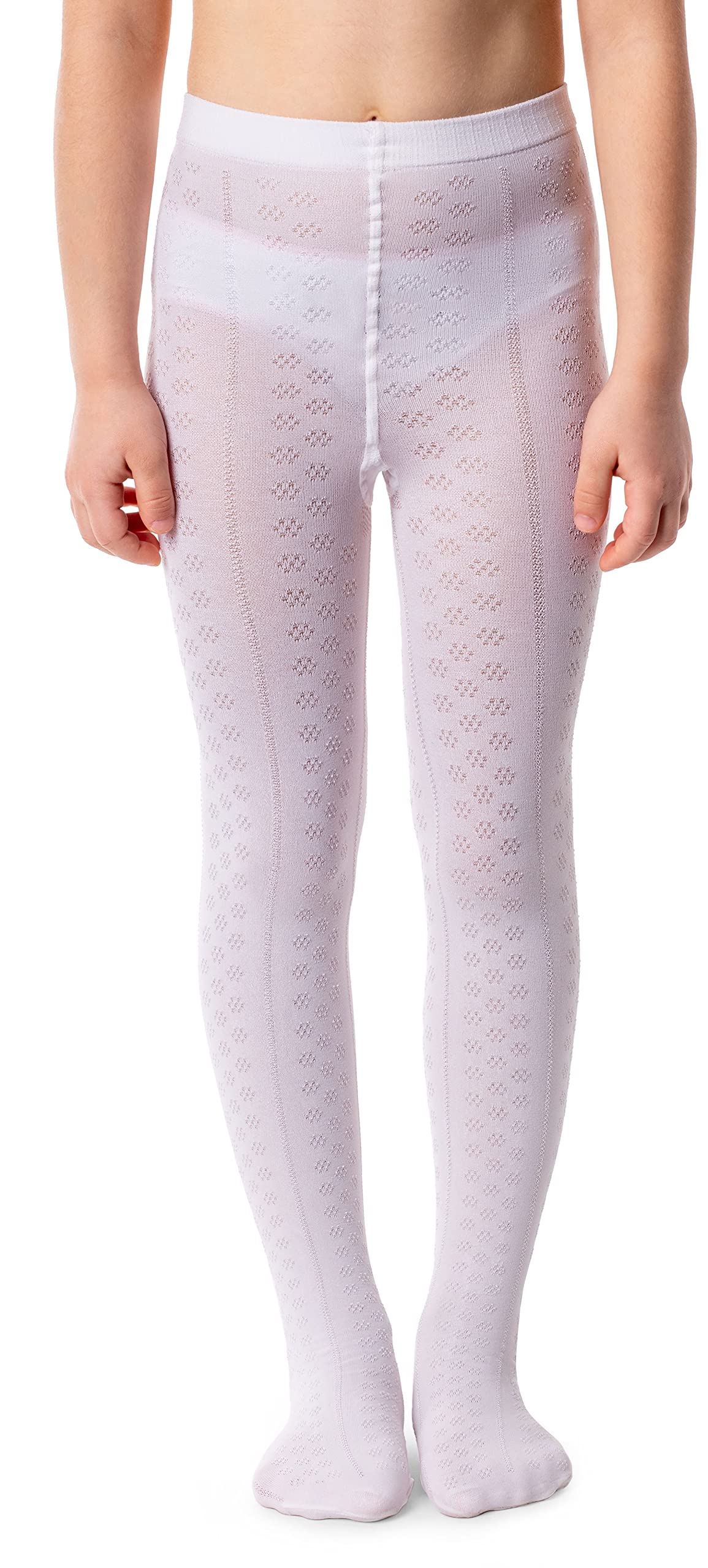 NOQ Girls Tights with 3D Effect Pattern Plain Dance Gymnastic School Pantyhose Fancy Outfit Little Princess, Lilly Bianco 6-7 years (116-122 cm)