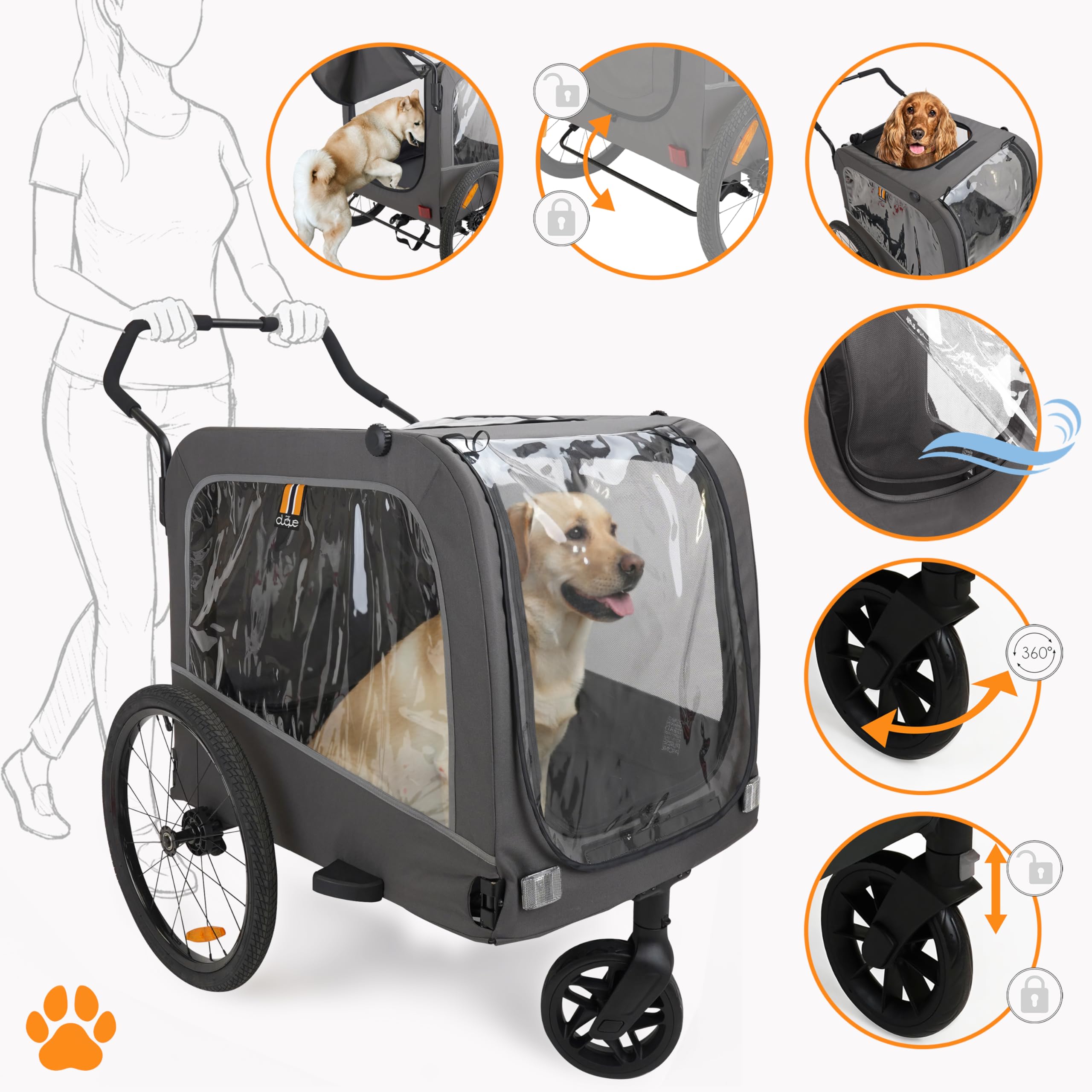 Carter - 3in1 Dog Pet Bicycle, Bike Transport Trailer, Pet & Shopping Stroller Pushchair, Jogger, Convenient Trolley, Easy Fold, Rain Screens Included, Max Load 50kg/110lb, Color Dark Grey