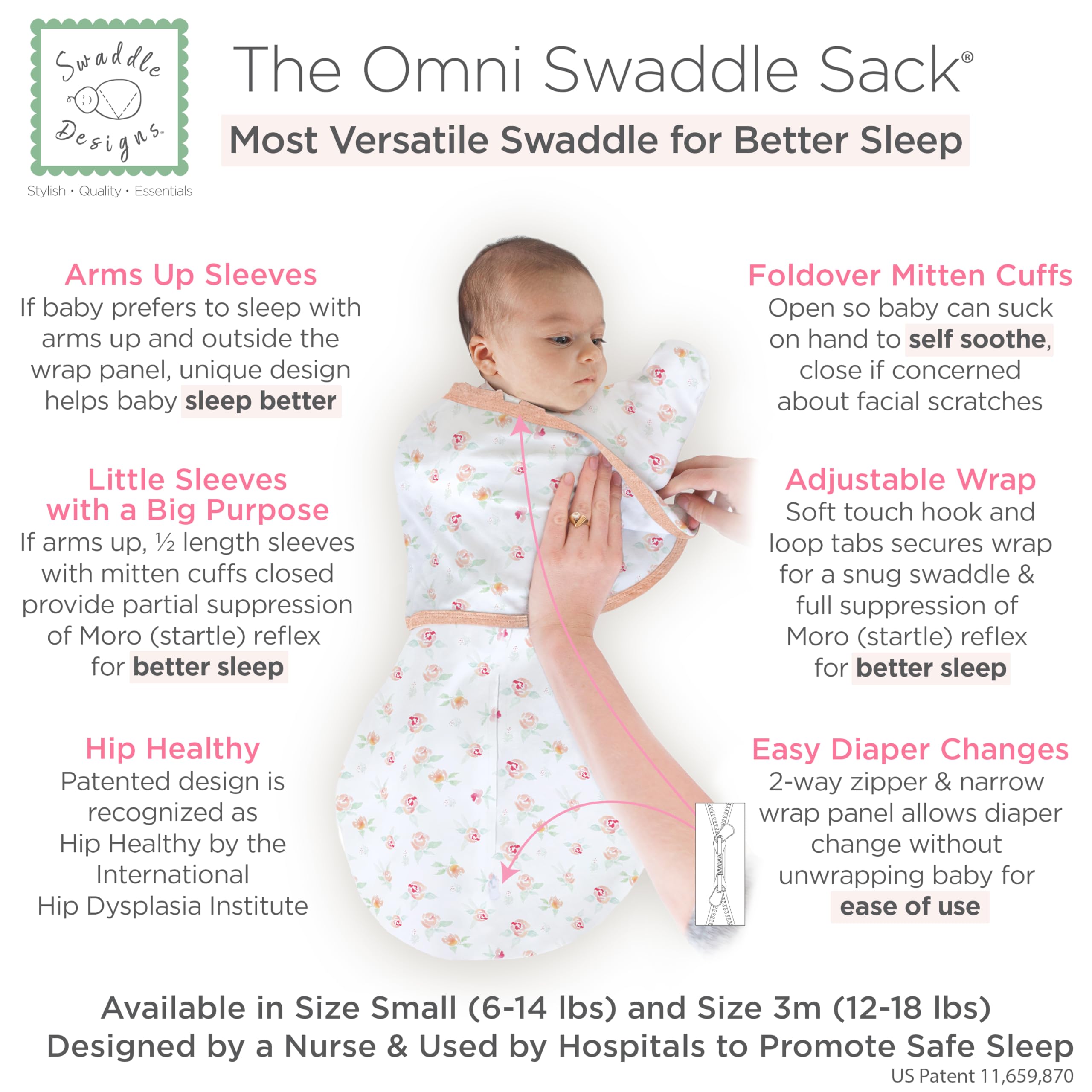 SwaddleDesigns 6-Way Omni Swaddle Sack, Baby Swaddle Blanket 0-3 Months with Arms Up Sleeves & Adjustable Wrap - Image 2