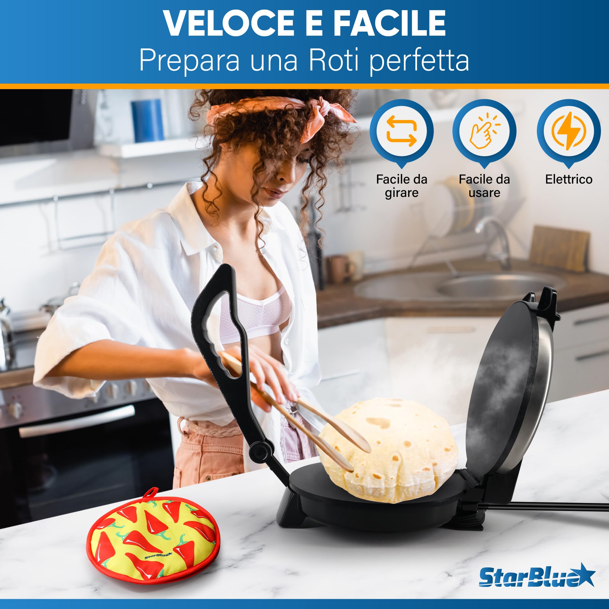 StarBlue Roti-Maker 25,4 cm con riscaldatore Roti gratuito e manico rimovibile - Indian Chapati Tortilla, Roti AC220-240 V 50/60 Hz 1200 W, spina europea