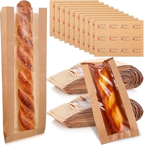 Thenshop 120 bolsas de pan francés de papel con calcomanías de sello, bolsas de baguette para pan marrón casero con ventana transparente, bolsas de