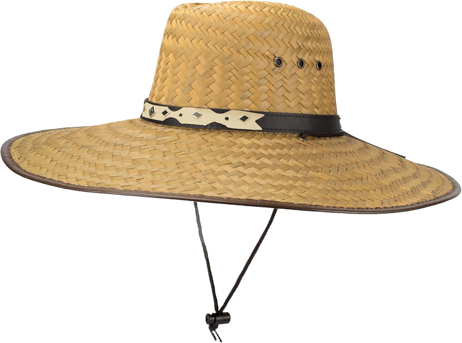 Super Wide Brim Lifeguard Hat, Large Palm Leaf Straw Sun Cap, Lightweight, Flex Fit, Chin Strap Natural