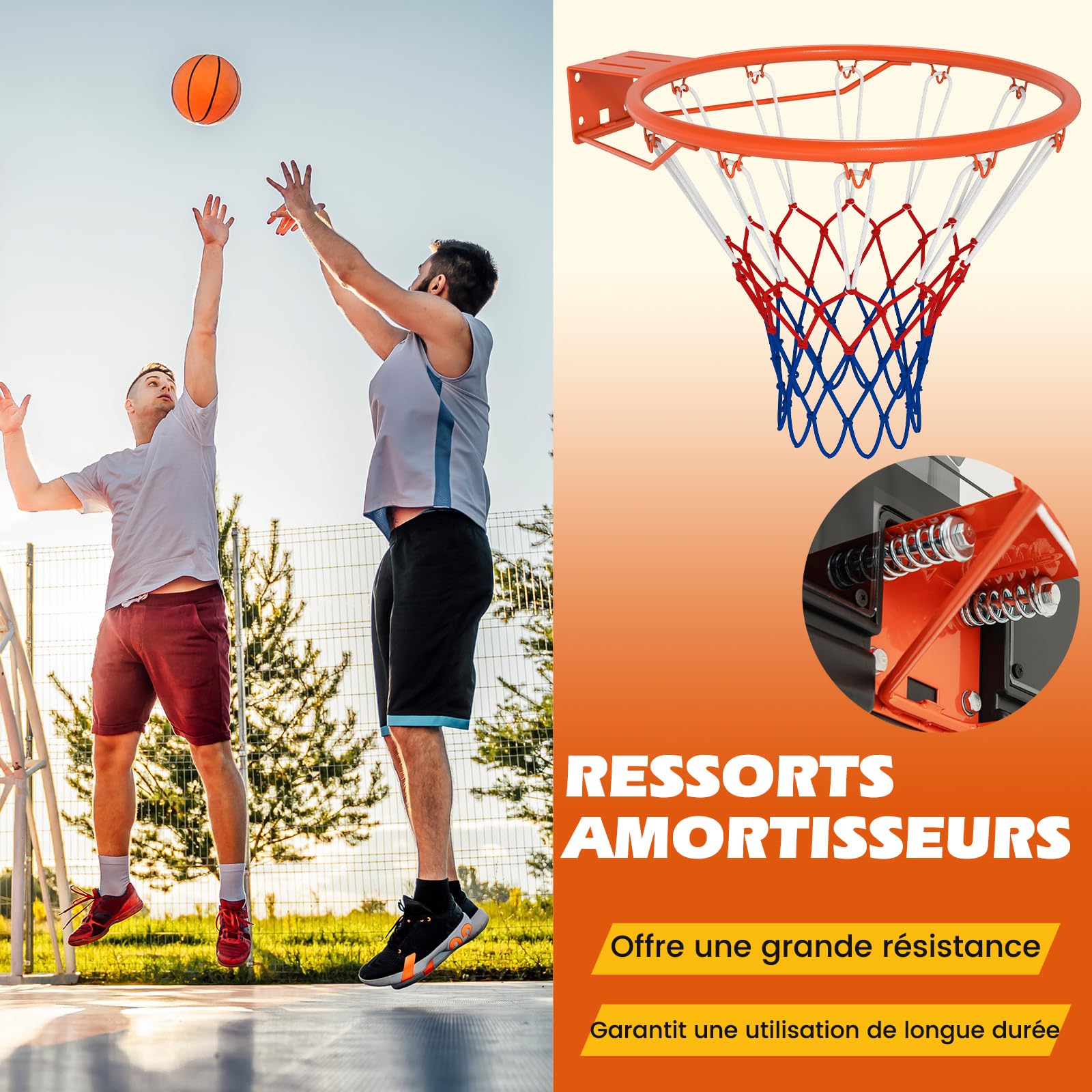 GYMAX Anneau de Basketball Standard 45cm, Compatible avec Plupart des Panneaux, Ressorts Amortisseurs & Filet Résistant aux Intempéries, Kit de Fixation Inclus, pour Usage Intérieur Extérieur