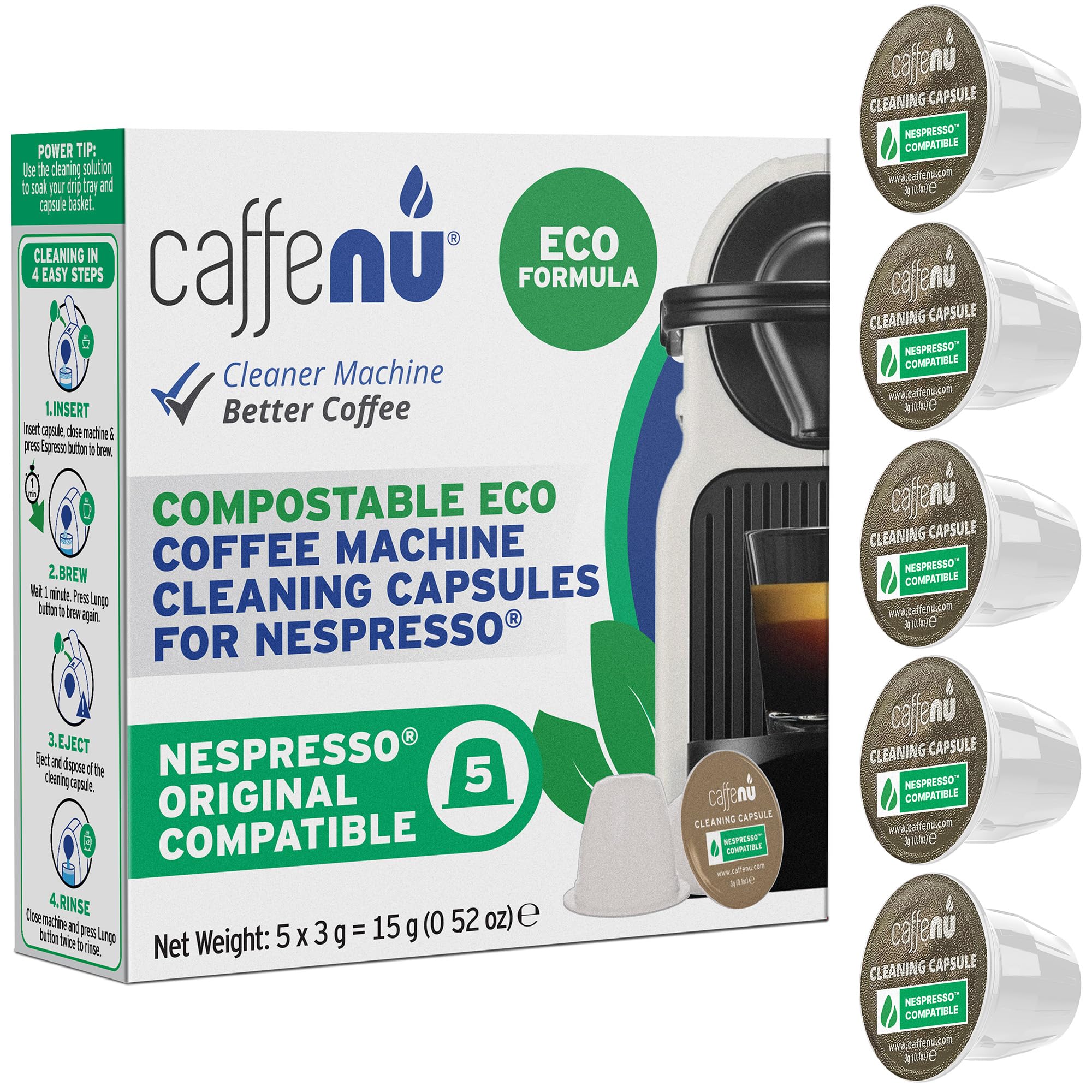 Nespresso Compatible Cleaning Pods. 5 Eco Cleaner Capsules. Improved Coffee Flavour. For Nespresso Originaline, Use with Descaling Kit.