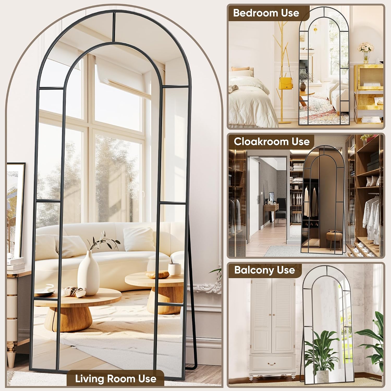 Antok 58 x 21 Full Length Mirror, Floor Mirror Arched Window Decorative Mirror, Metal Framed Decor Farmhouse Floor Mirrors Art Pane Mirrors Wall Decor for Bedroom, Living Room, Entryway Black