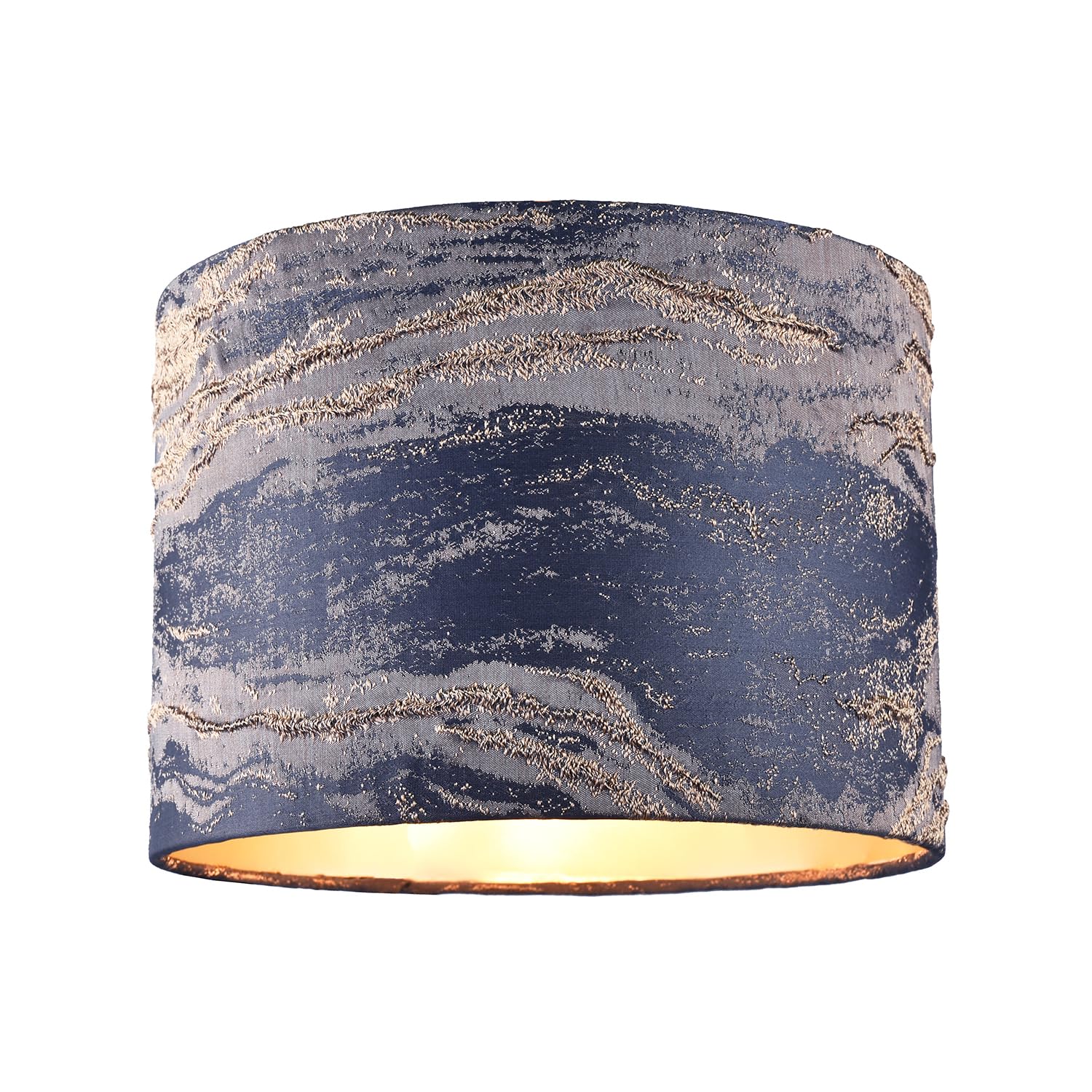 Happy Homewares Blue/Gold Navy Jacquard Cotton Lamp Shade With Leaf Foil Wavy Decor