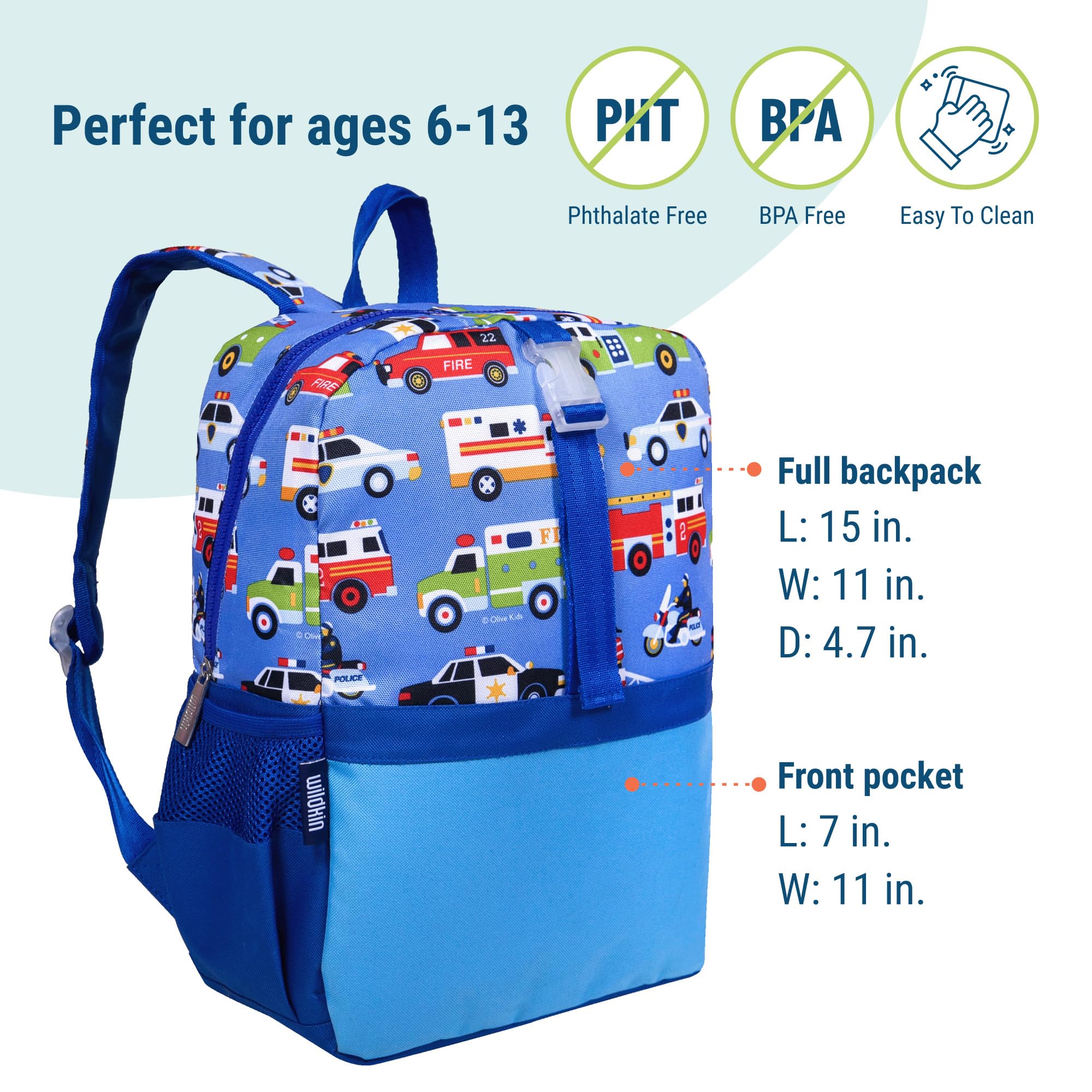 Wildkin Plecak dziecięcy Pack-it-All dla chłopców i dziewcząt, idealny rozmiar do szkoły i podróży, z paskiem przednim, rękawem wewnętrznym, podparciem pleców i kieszenią boczną, bez BPA, oliwkowy dzieci (bohaterowie)