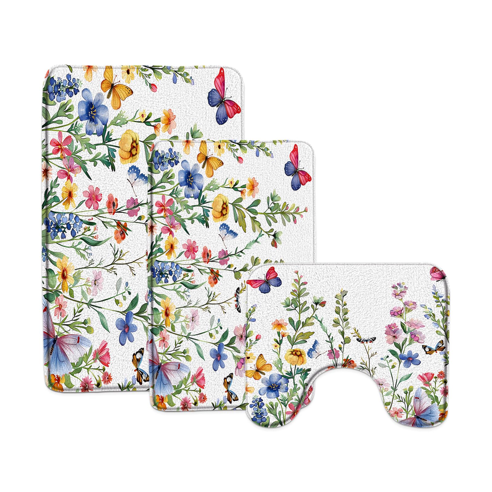 CCXTCZ Floral Plant 3 Piece Bathroom Rug Sets Flower Butterfly Watercolor Wildflower Botanical Boho Leaves Nature Colorful Rustic Spring,19.7"x31.5"