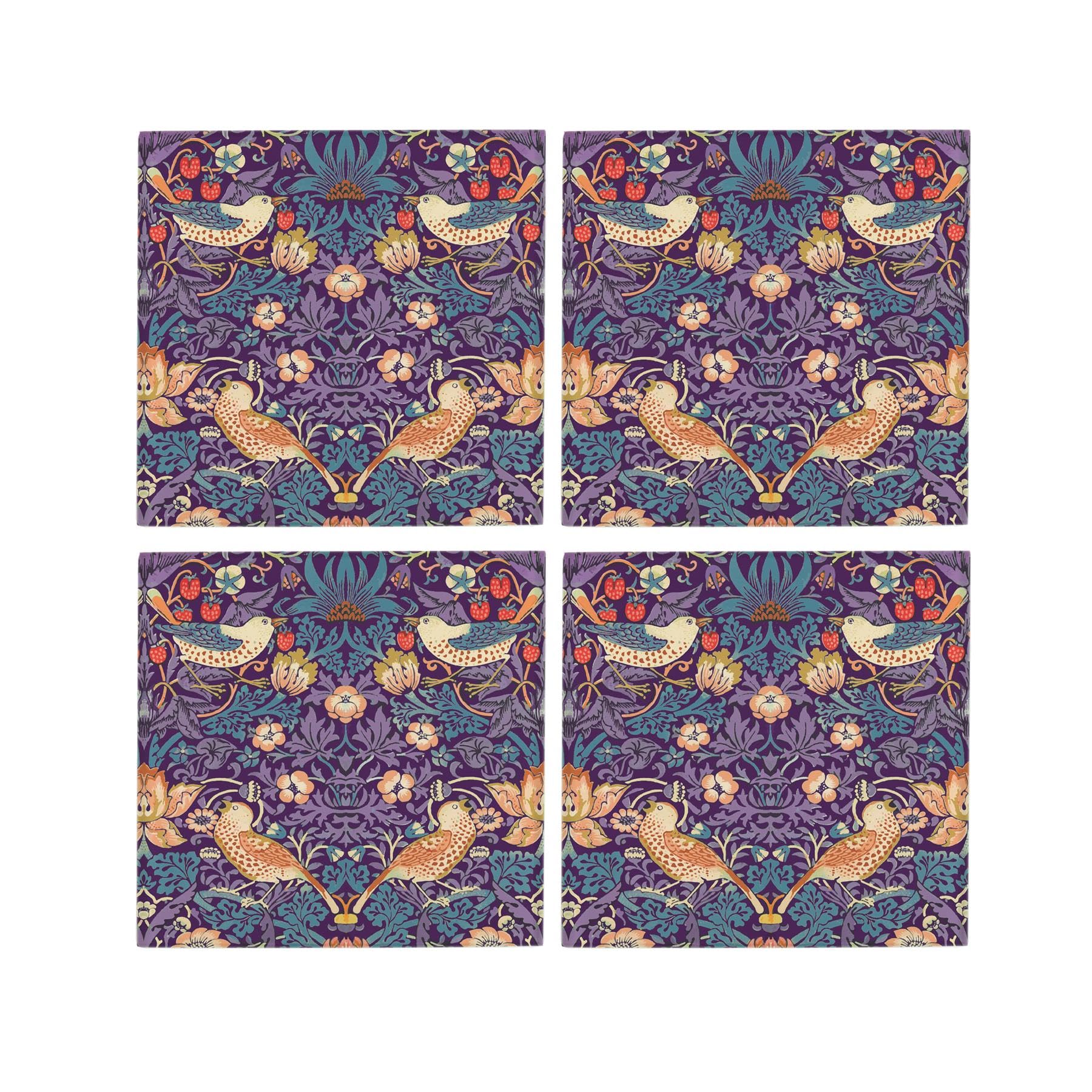 Purple Strawberry Thief Glass Coaster Set - William Morris Artwork Gifts - Set of Four (4) Square Drinks Coasters