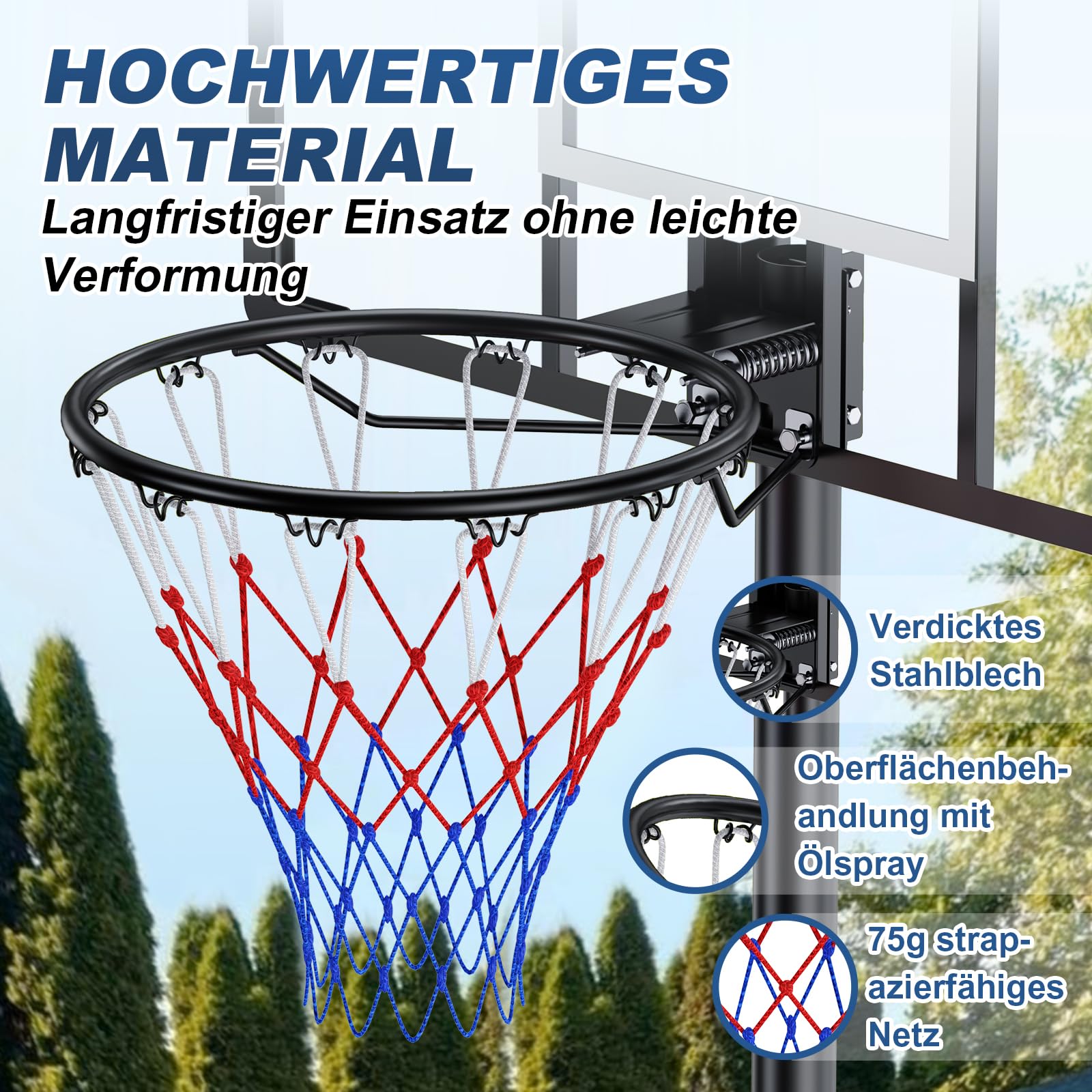 Arijam Massiver Basketballkorb Ø46 cm Ersatz Wand montiert Outdoor-Basketballkorb Heavy Duty Stahl Doppelter Feder-Rahmen Allwetter-Netz