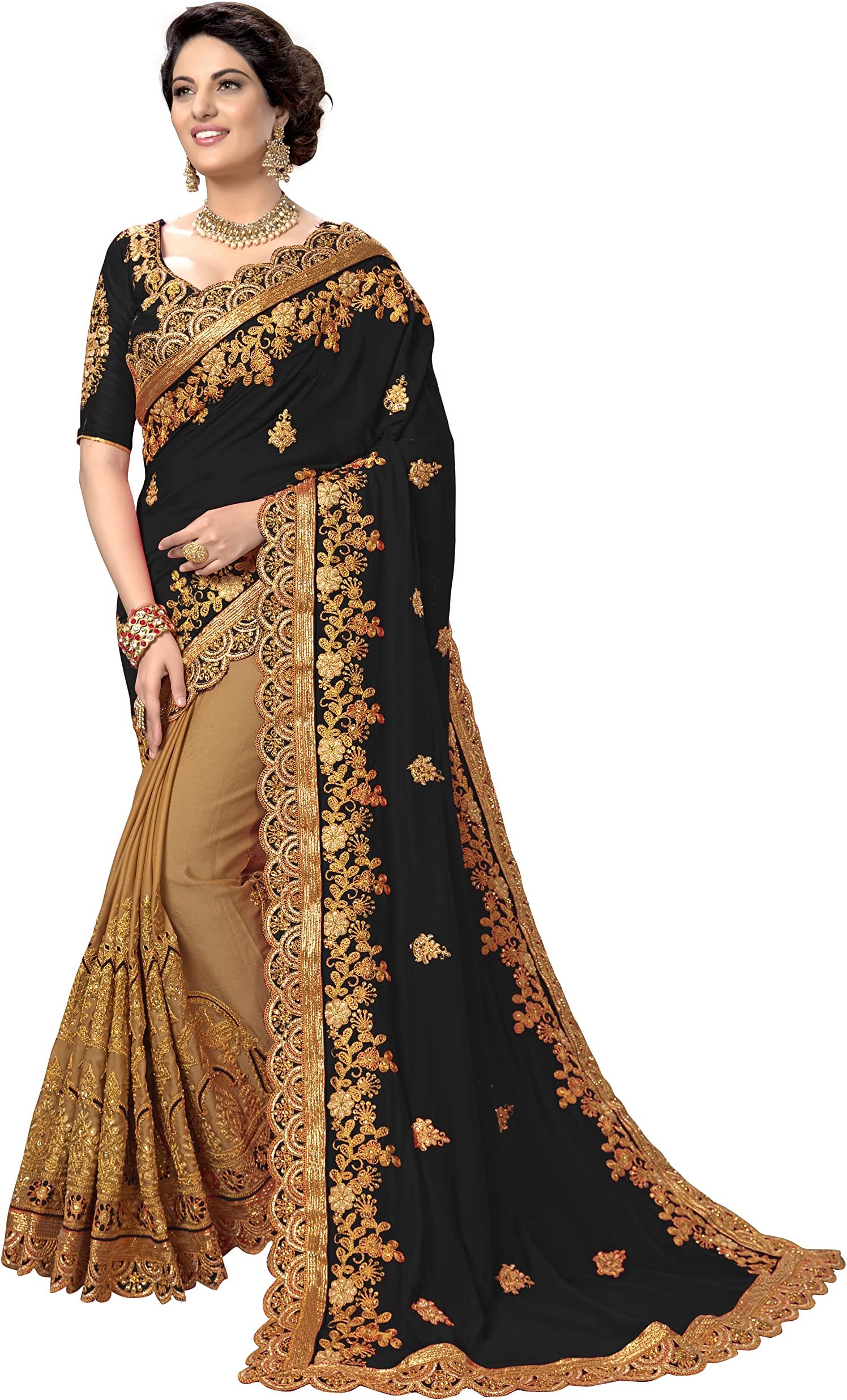Women's Silk Satin Embroidery Saree with Unstitched Blouse