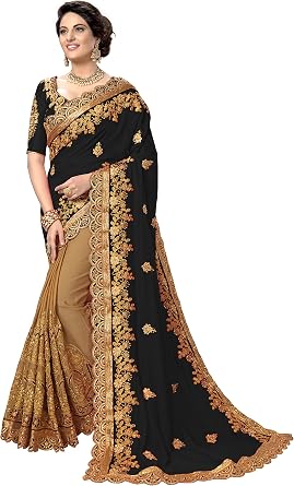TRENDMALLS Womens Silk Satin Embroidery Saree with Unstitched Blouse