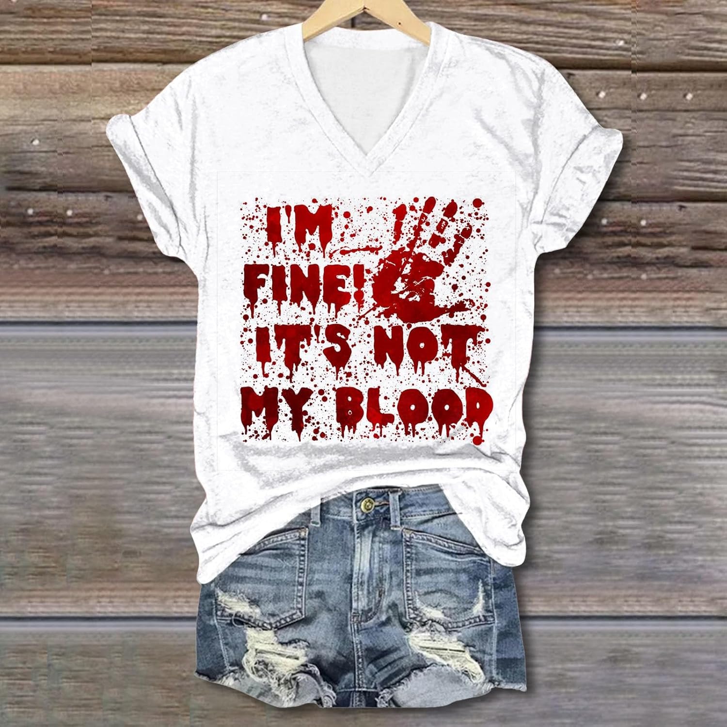 T-shirt Halloween Femme "sanglant" - Col V, Motif Ailes D'ange Taché De Sang, Taille Grande