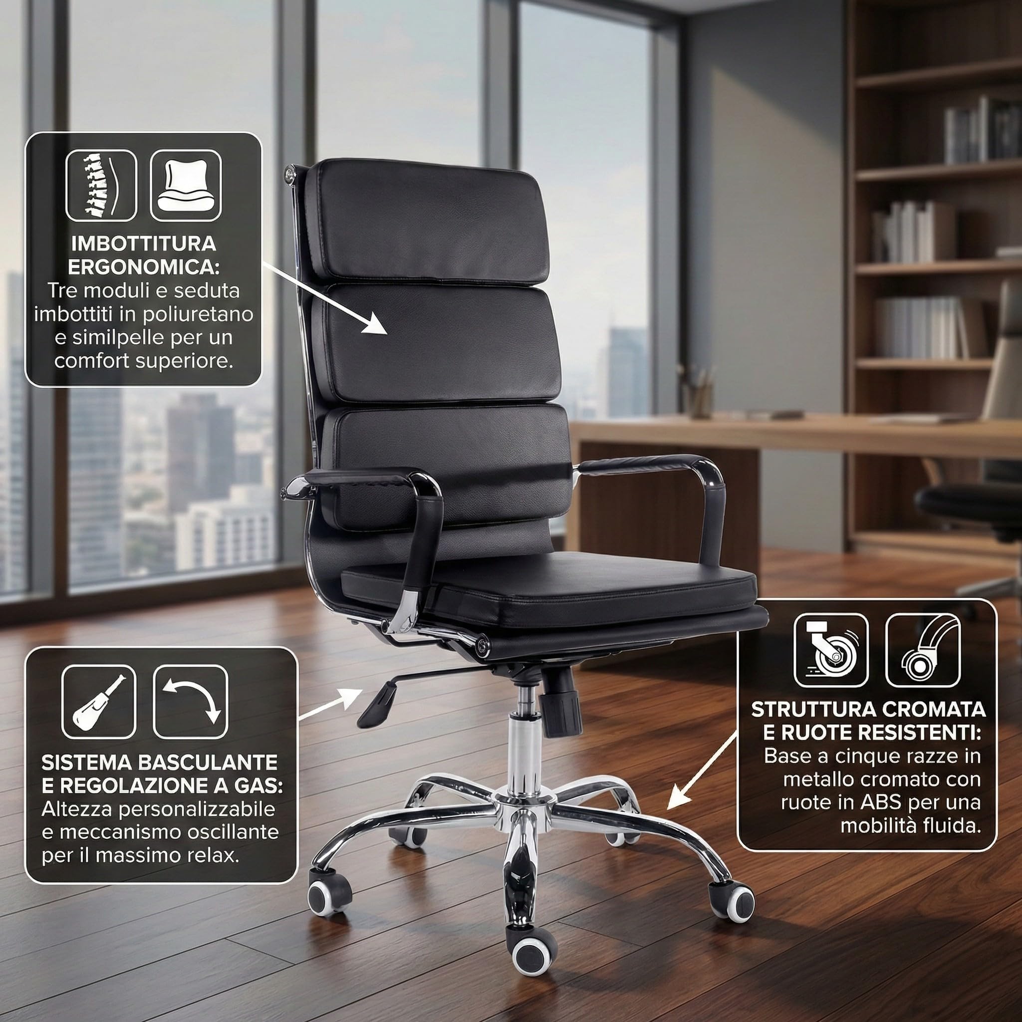 Cribel Poltrona Mito Presidenziale in Finta Pelle Nera con Metallo Cromato, Sistema Basculante e Altezza Regolabile, Design Moderno per Ufficio, Studio e Home Office, 56 x 61 x 117 cm