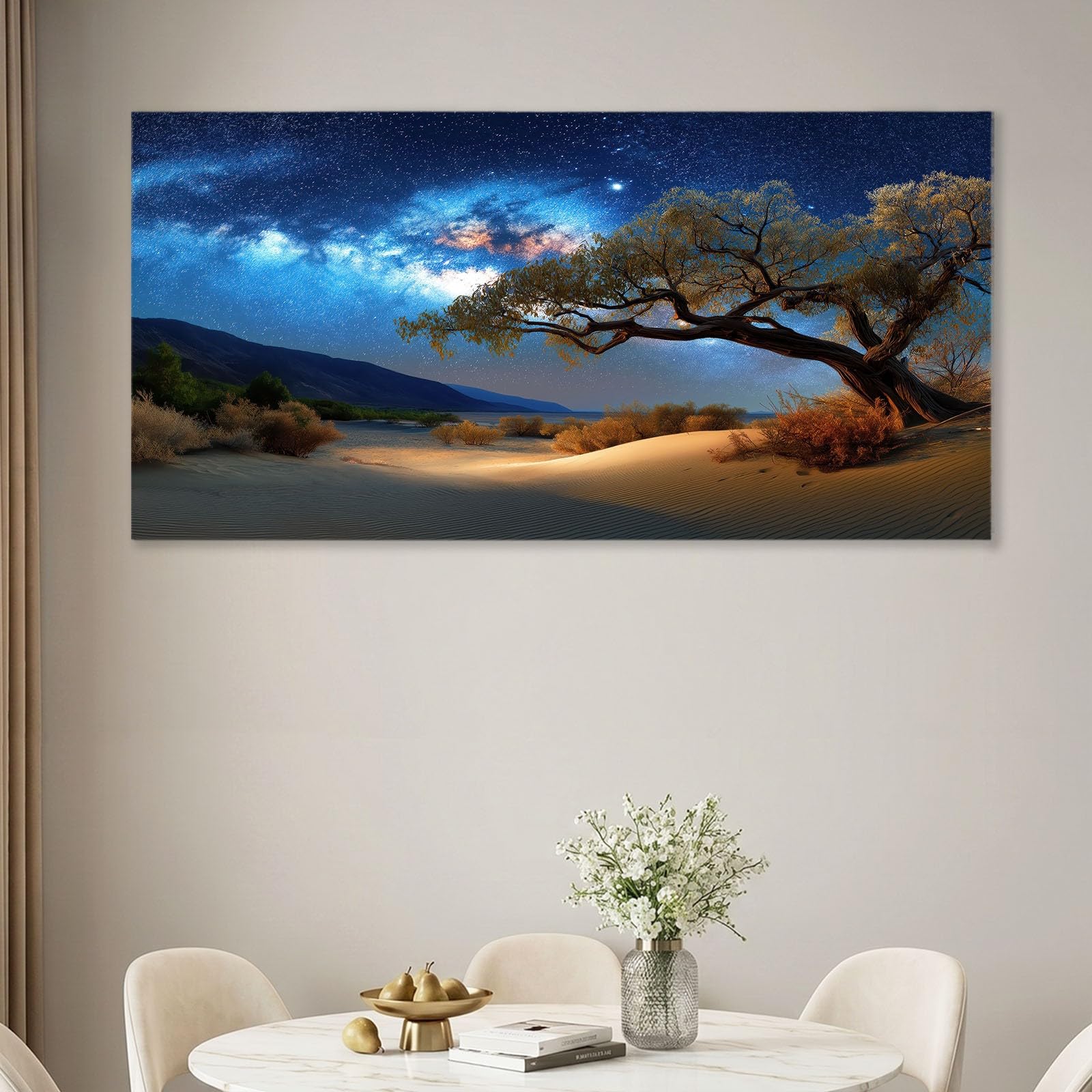 Obrazy na płótnie, gwiaździste niebo, droga mleczna, obrazy ścienne do salonu, 120 x 60 cm, druk artystyczny, obrazy na płótnie, niebieskie wydmy, drzewa, góry, dekoracja ścienna do korytarza