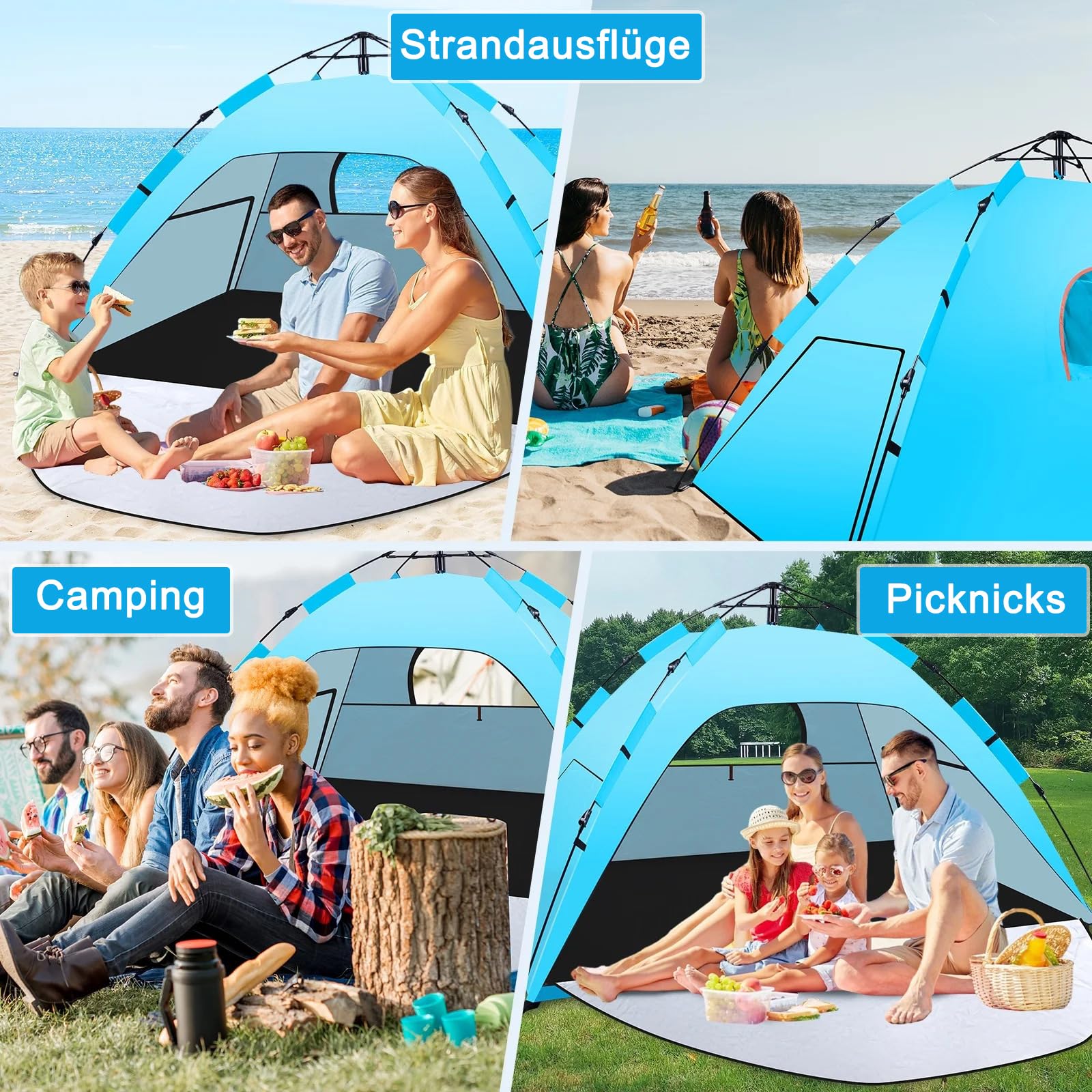 Strandmuschel, Automatisches Instant Pop Up Strandzelt, Leicht, UV-Schutz UPF 50+ Windschutz Strandzelt für Strand, Familie, Garten, Camping, Picknicks