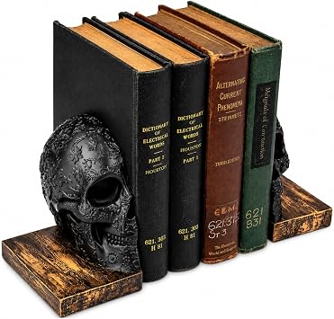 Skull Book Ends Gothic, Lifesize Human, Heavy-Duty Bookends, Skeleton Decorations, Bookends for Shelves, Heavy Books, Black Skull Design Bookend 7x5.1x6.3, Spooky Decor, Holiday