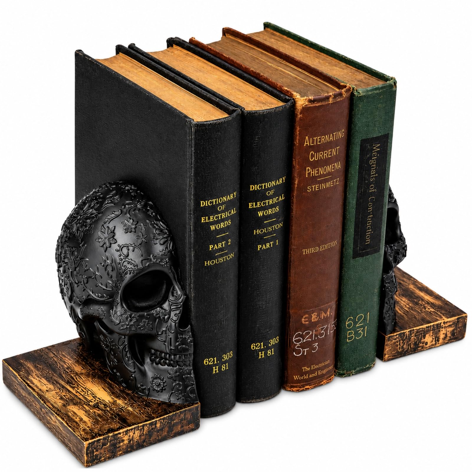 Skull Book Ends Gothic, Lifesize Human, wytrzymałe podpórki do książek na półki, ciężkie książki, czarna czaszka design podpórki do książek 7 x 5,1 x 6,3, upiorny wystrój