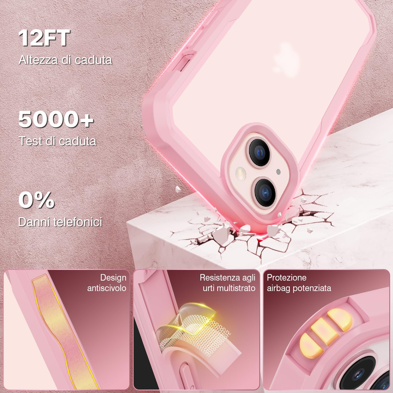 CENHUFO Privacy Cover iPhone 14/iPhone 13, Custodia Antiurto con Protezione Schermo Vetro Temperato Anti Spia e Pellicola Fotocamera [9H HD] 360 Gradi Rugged Fronte Retro Case Doppia Bumper - Rosa