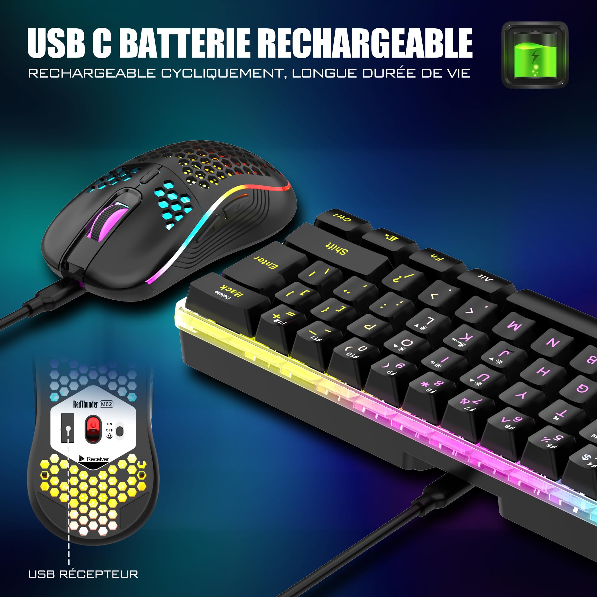 RedThunder K62 60% Clavier et Souris de Jeu sans Fil RVB，AZERTY FRANÇAIS 62 Touches Mini-Clavier Rétroéclairé Ultra-Compact，Souris Optique Cellulaire Légère，kit Portable pour PC PS5 Xbox Gamers(Noir)