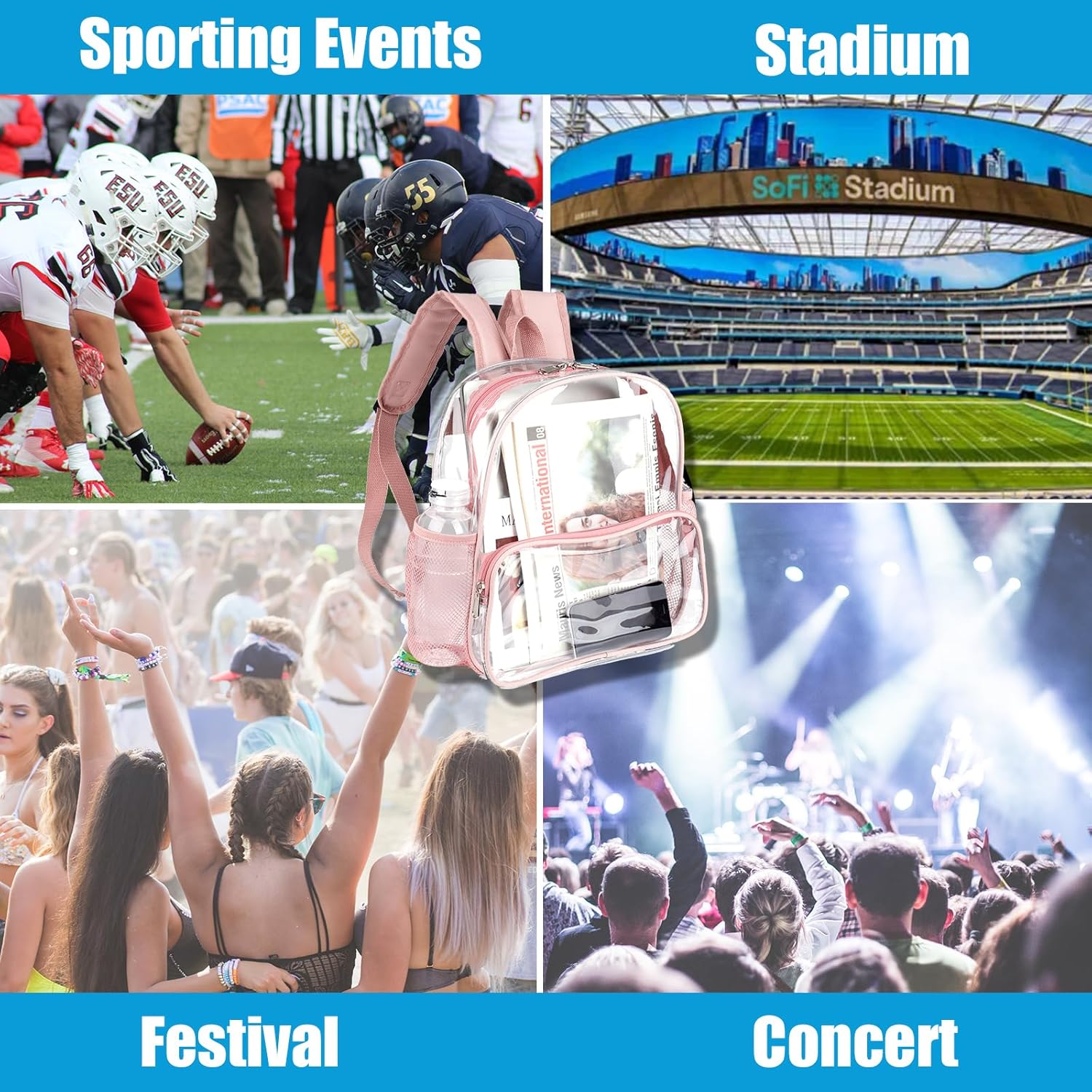 Stadium Approved Clear Backpack 12x6x12 with Reinforced Straps – Waterproof Small Clear Bag for Stadium Events, Sports, Festival, Concert or Women – Rose Gold Trim - Image 7