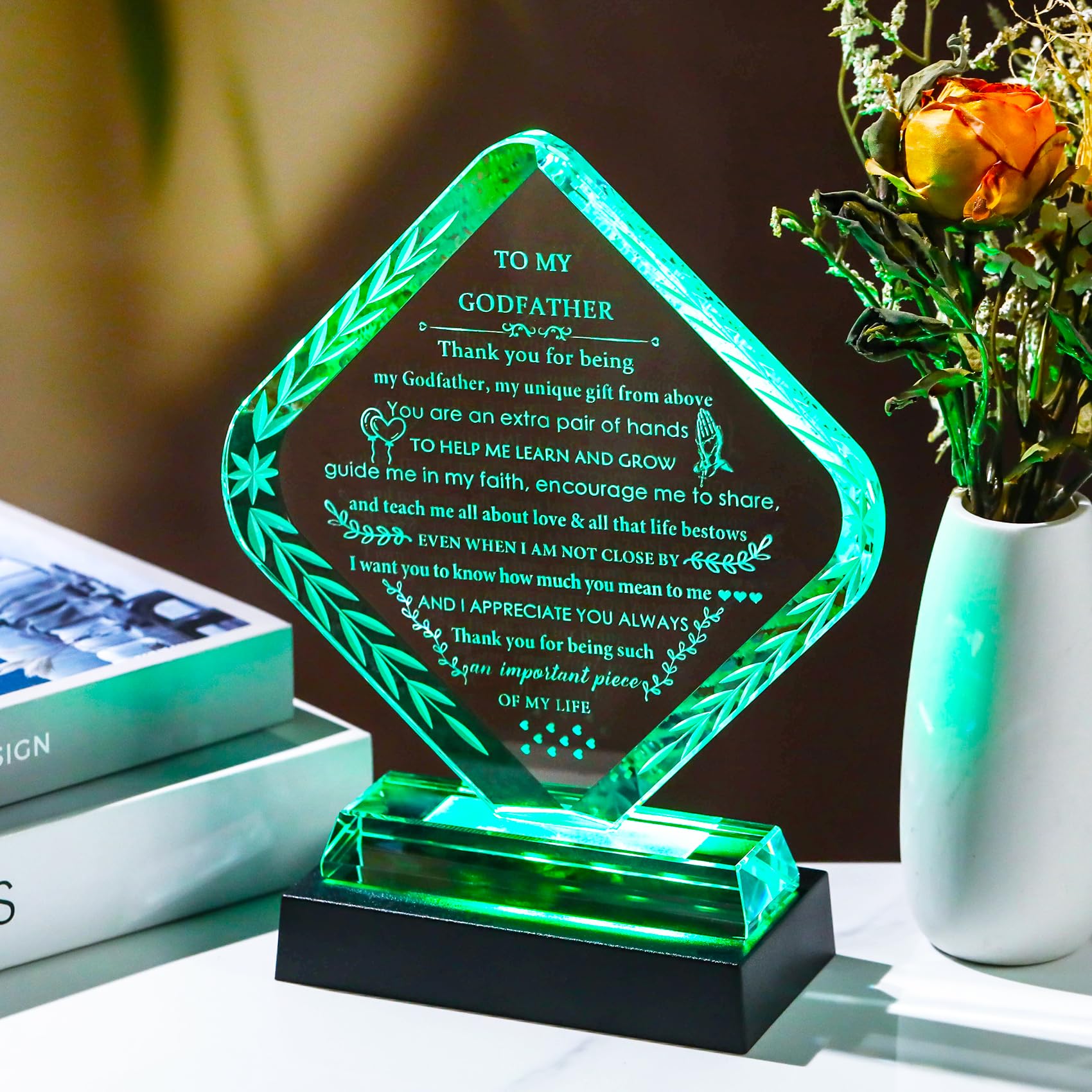 Arikyrist Geschenk für Patenkind mit buntem LED-Sockel, Kristall-Geschenk für Patentochter, Lasergravur an den Vatertag oder Weihnachten