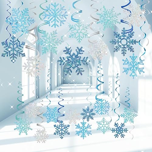 Winter Snowflake Hanging Decorations 30 Pcs Blue and Silver Christmas