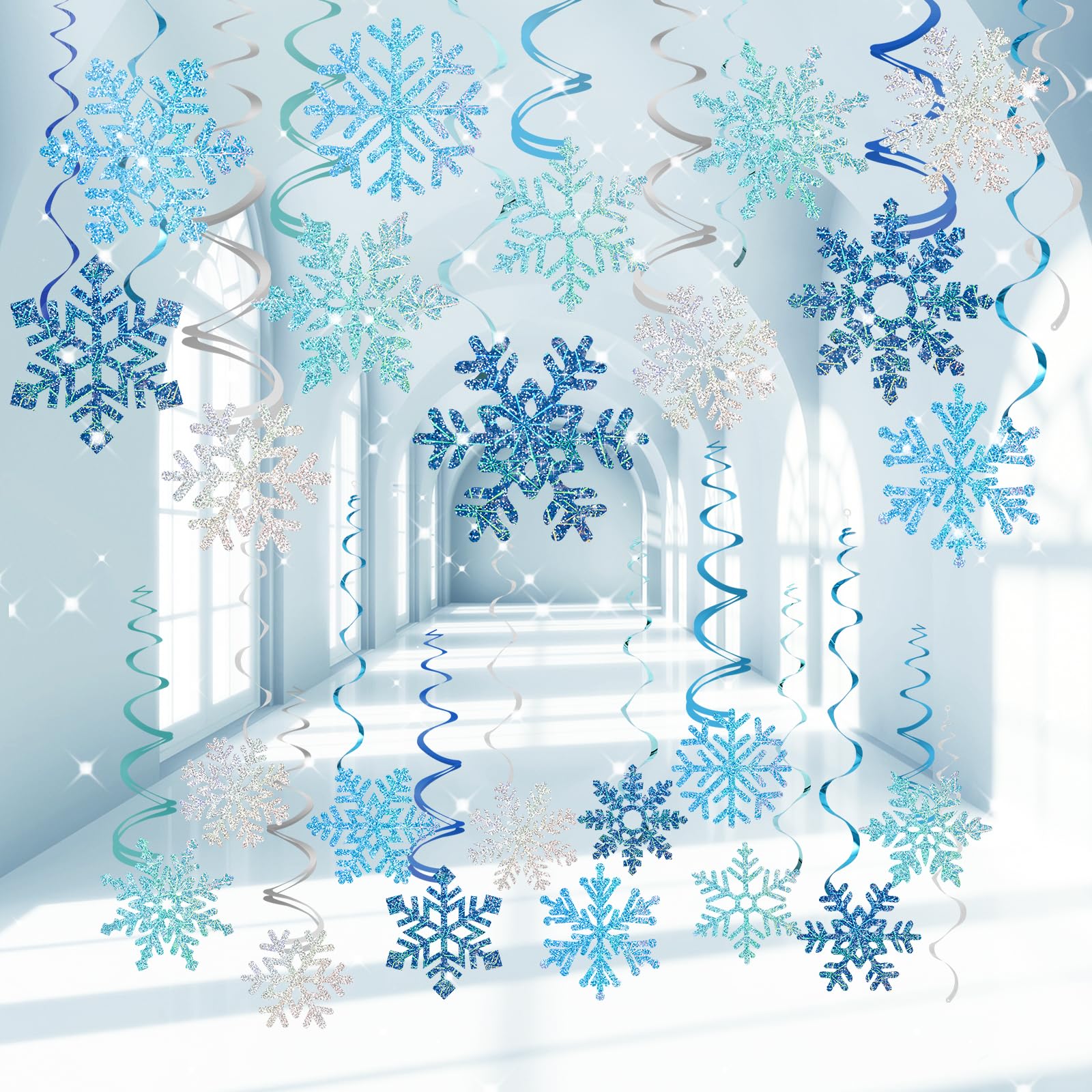KUKKUME Christmas Ceiling Decorations 30 Pcs Foil Hanging Christmas Snowflake Decorations Indoor Blue and Silver Paper Snowflakes Ornaments for Xmas Frozen Winter Wonderland New Year Party