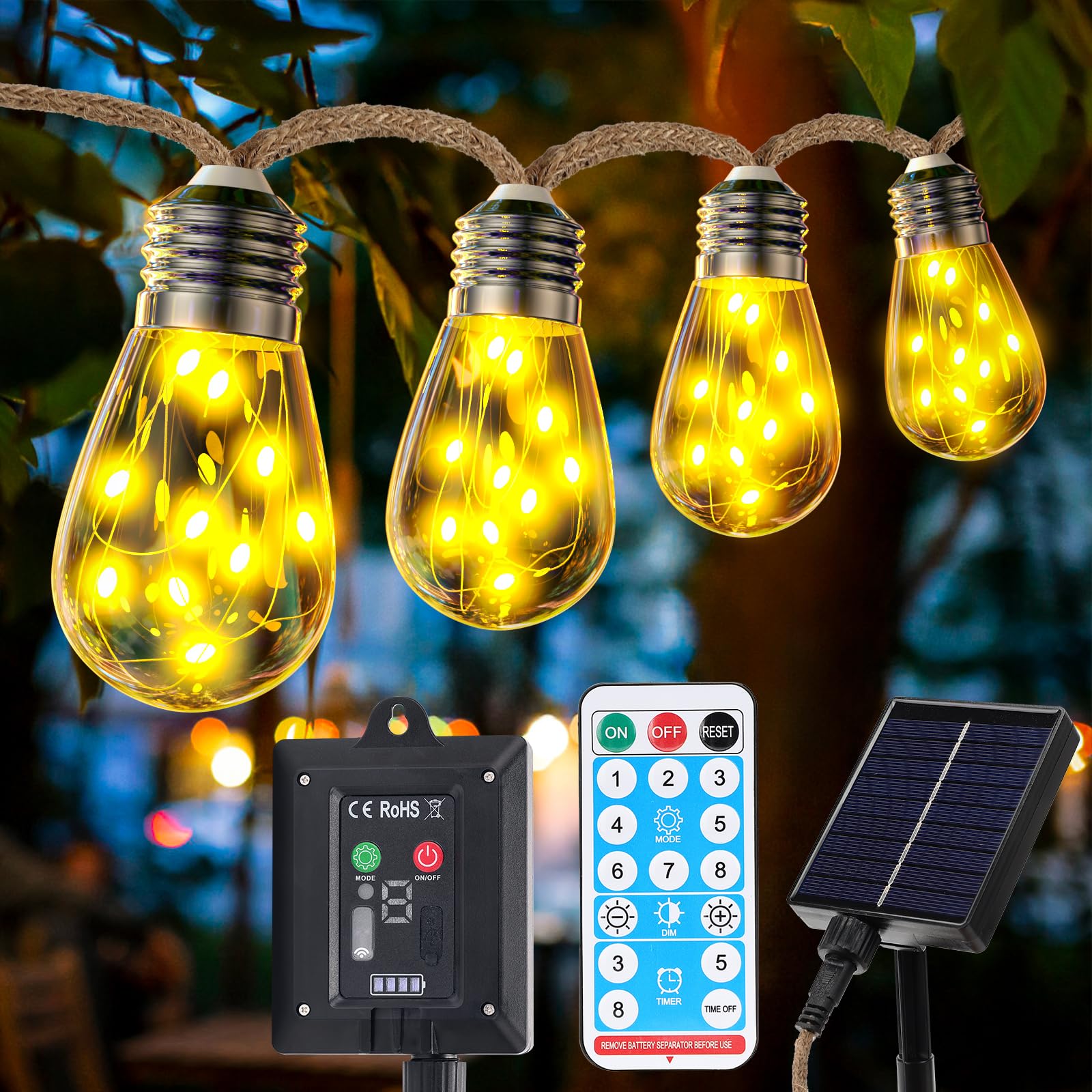 Zuske Lichtsnoer op zonne-energie, voor buiten, 15 m, met 25 2 warmwitte ST38 gloeilampen, 5 modi, IP65 waterdicht, lichtketting op zonne-energie voor buiten, tuin, terras, balkon, bruiloft