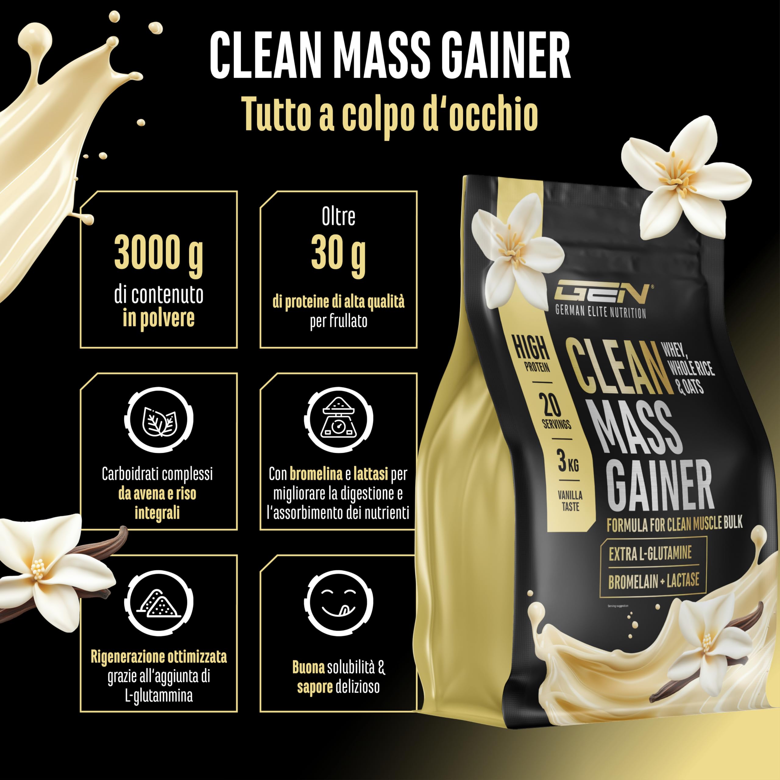 Clean Weight Gainer - 3 kg - Con Carboidrati Complessi e Proteine - Ideale per la Fase di Massa - Polvere per l’Aumento di Massa e di Peso - Vegetariano - Gusto Vanilla