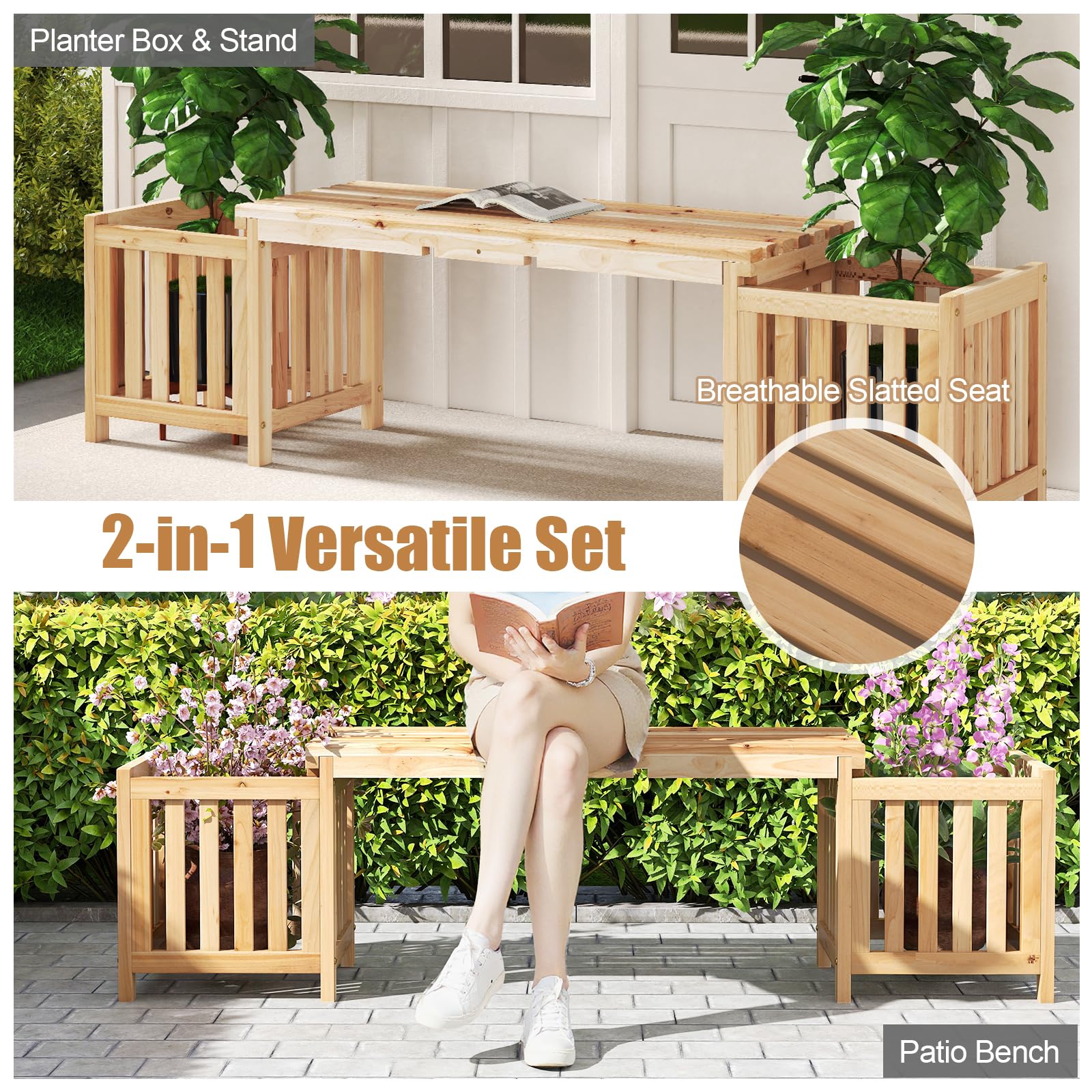 HOMASIS 2 in 1 Blumenkasten mit Gartenbank, 2-Sitzer Sitzbank mit 2 Pflanzkästen, 2 Pflanzkübel mit Bank aus Massivholz, Outdoor Holzbank Gartenmöbel für Garten Hof Terrasse (Natur, 173x40x48 cm)