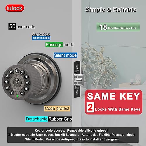 Miniatura 8 de iulock Pomo de puerta inteligente con teclado y llave, cerradura de puerta de entrada sin llave con agarre de goma, bloqueo automático, código de