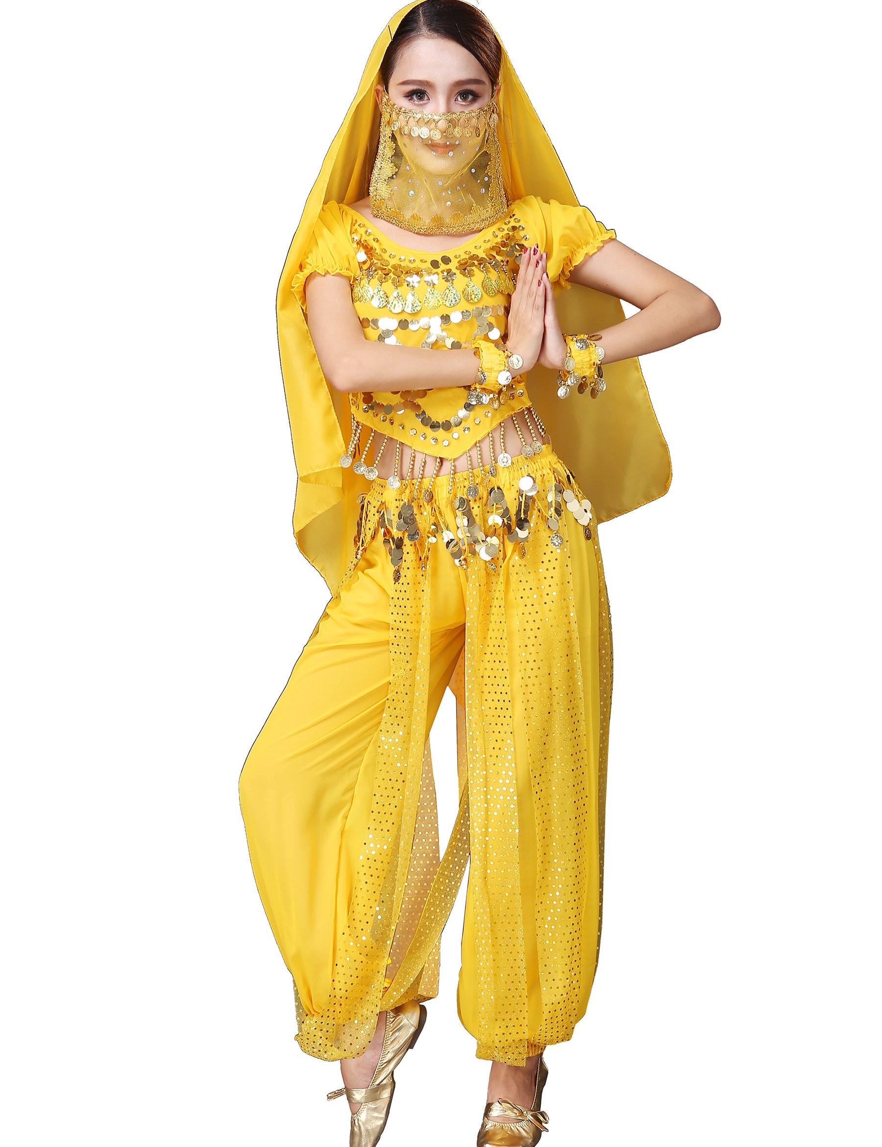 Astage Belly Dance Halloween Costume Top Pants Veil Bracelets Headdress Sets Yellow