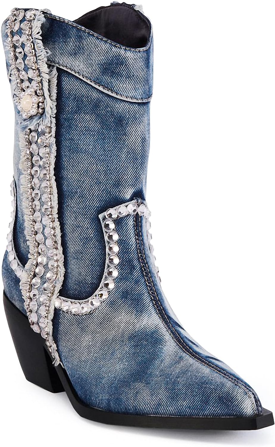 Women Denim Rhinestones Cowboy Mid Calf Boots Almond Pointed Chunky Block Heel Sparkly wide calf Western Boots