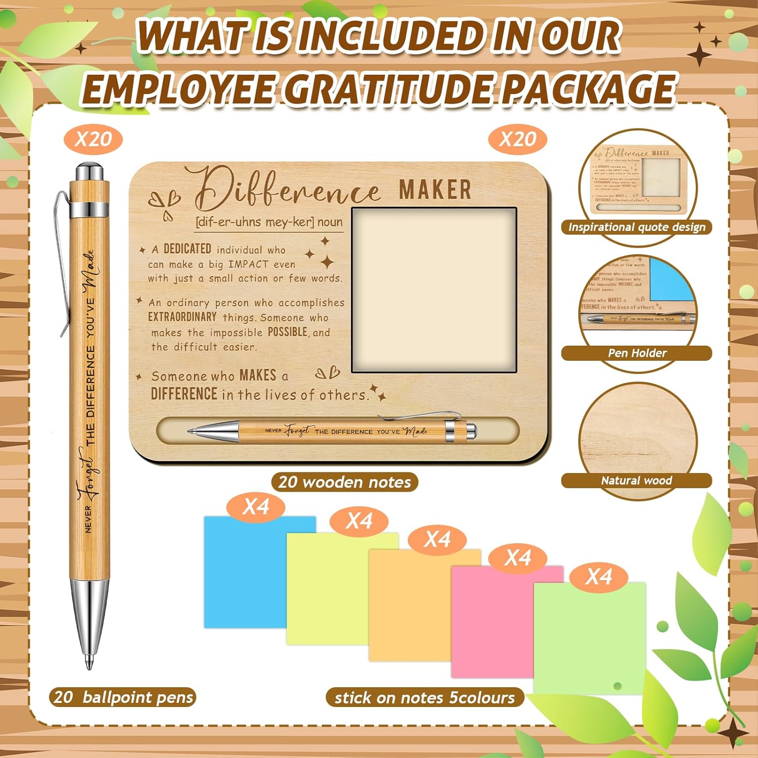 Kosiz 20 Set Difference Maker 2026 Graduation Appreciation Gifts Bulk for Employee Coworkers Wooden Sticky Note Holder Set Thank You Gifts for Graduation Teachers Nurse Friends