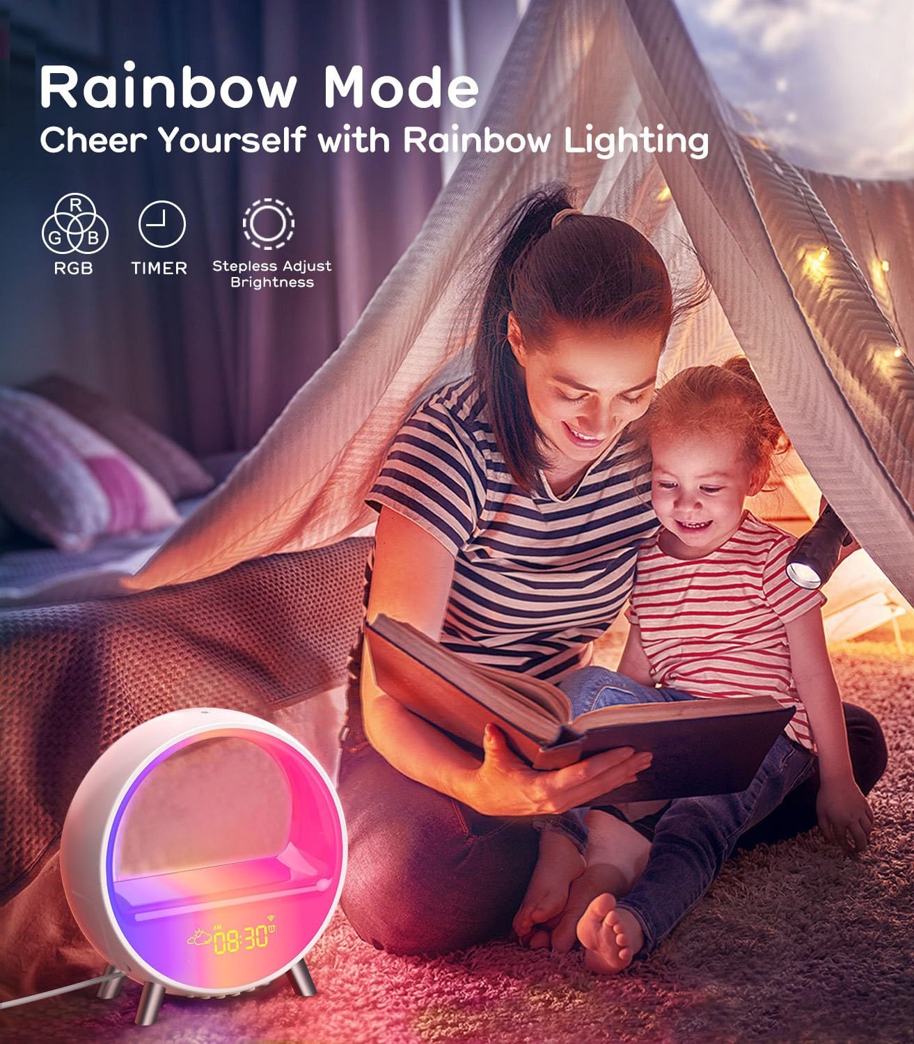 Rhythm Atmosphere Lamp, Caricabatterie wireless Lampada da comodino Sunrise Wake-up Lamp Sveglia Lampada da comodino, Altoparlante Bluetooth Caricabatterie wireless Luce notturna a LED con stazione