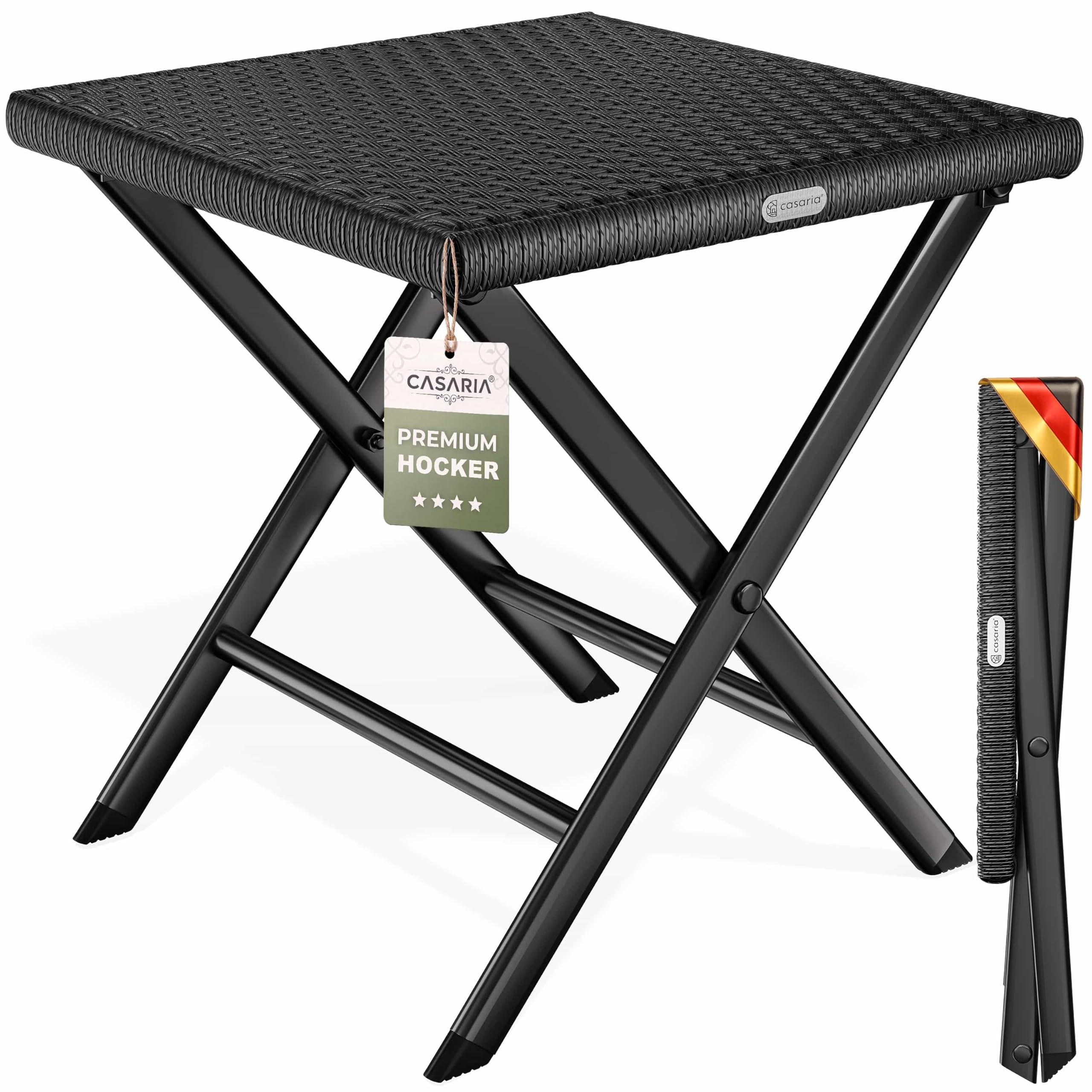 Casaria® Polyrattan Klapphocker 75kg Belastbarkeit 44x40x44cm Klappbar Leicht Tragbar Außen Wetterfest Garten Terrasse Balkon Camping Hocker Schwarz