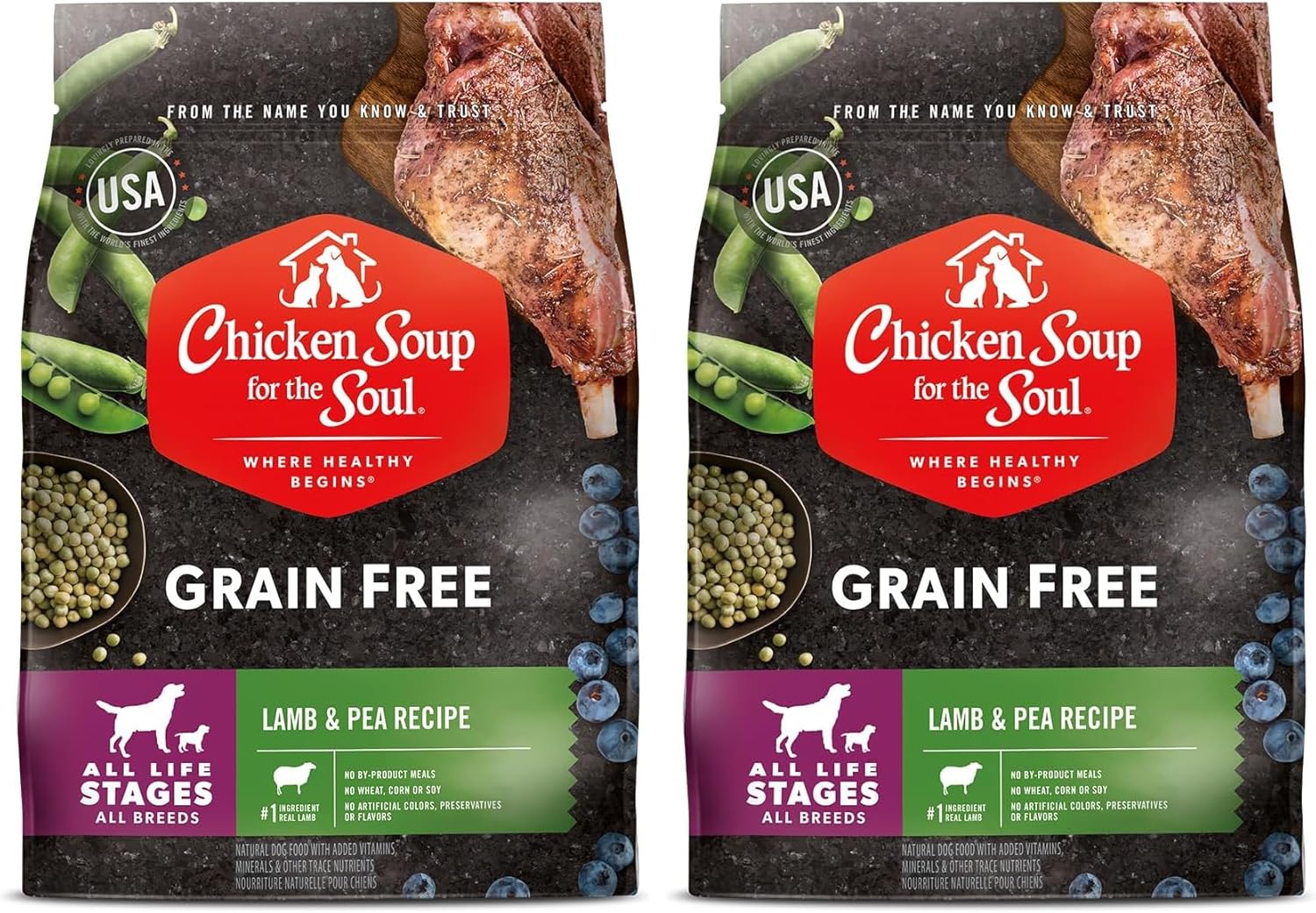 Chicken Soup for the Soul All Natural Premium Grain-Free All Life Stage Dry Dog Food, Real Meat First Ingredient, No By-Products, Added Taurine Supports Heart Health, Lamb & Pea, 4lb (Pack of 2)