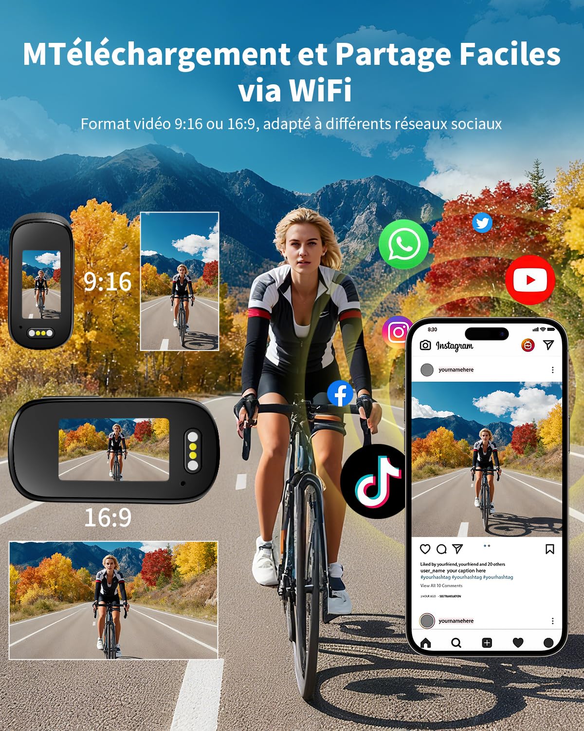 Caméra Sport 4K WiFi, 64GB Mini Caméra Cam, 150° Caméra d'action avec Écran Caméras Corporelles Vlog Camera Sportive Caméscope de Casque Moto Multifonction Accessoires