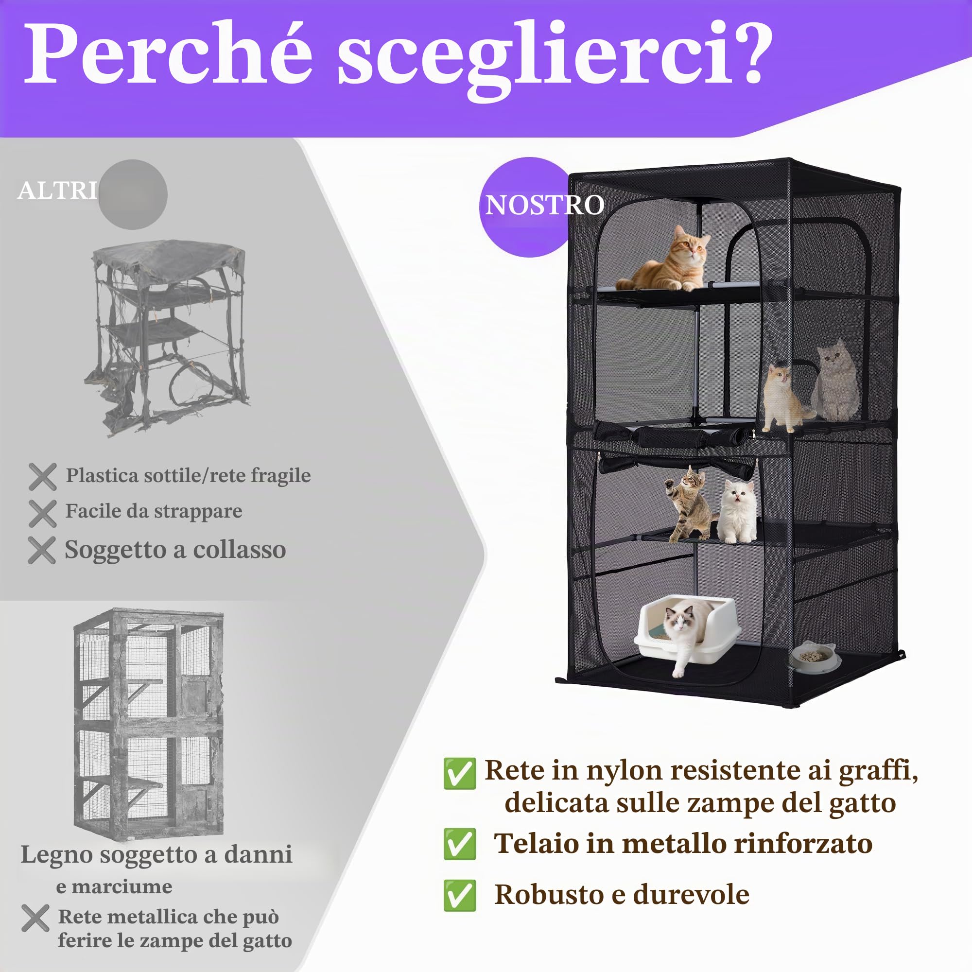 Catio - Recinzione per gatti da esterno, 160 cm di altezza, grande gabbia per gatti con posatoi a 4 livelli, box per gatti da interni | Con posatoi a 4 ripiani per gatti, patio, box per gattini per più gatti da interno