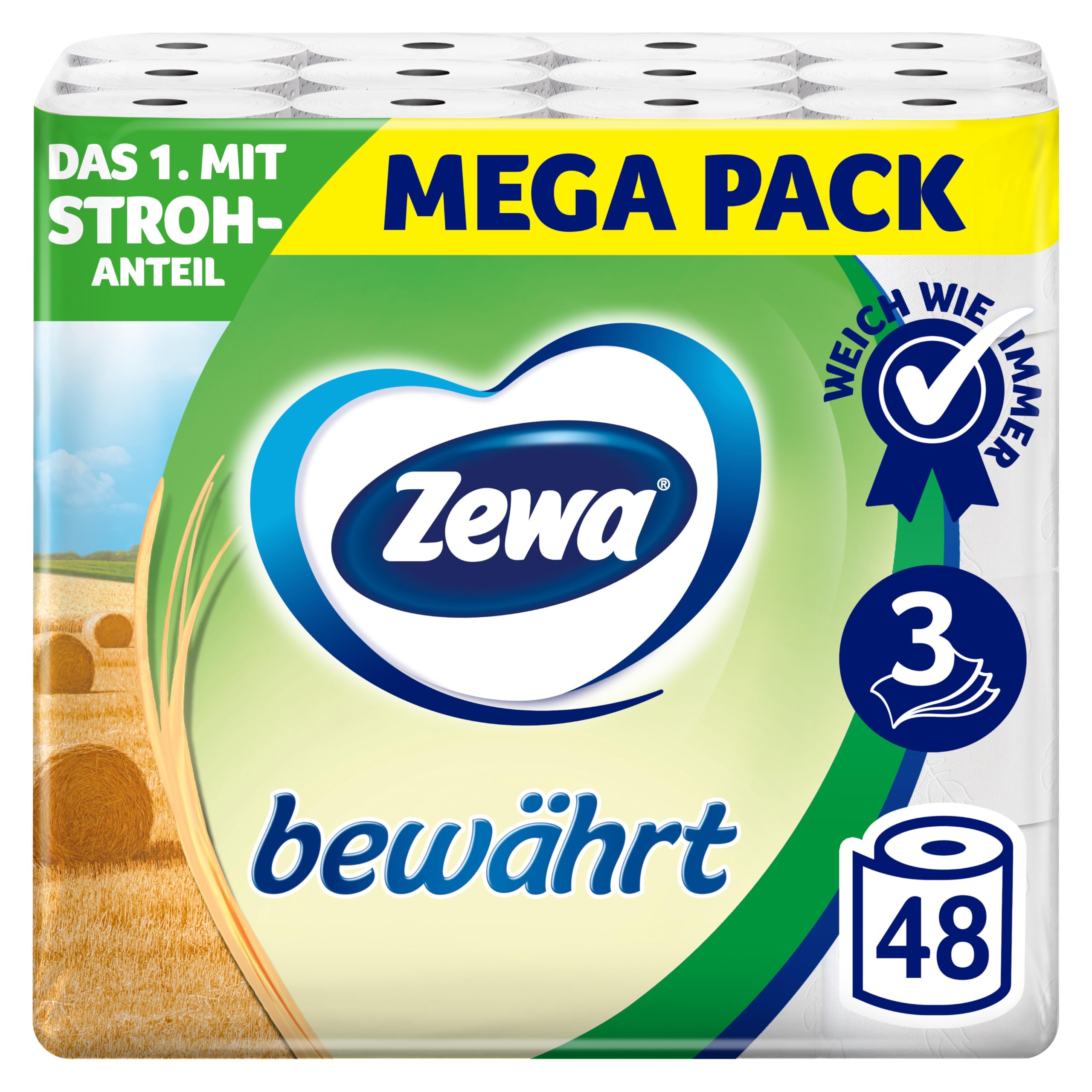 Zewa Toilettenpapier trocken bewährt, weiß, 3-lagig, 3er Pack (3 x 16 Stück)