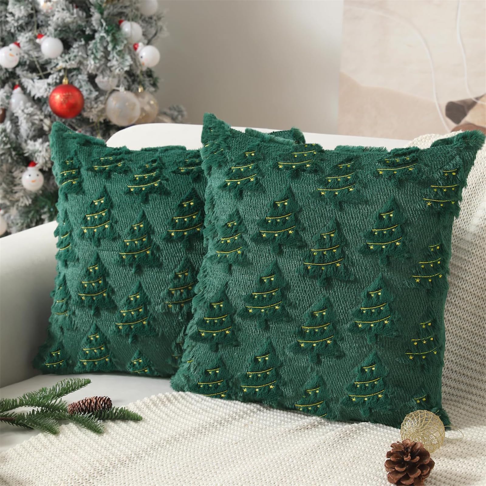 Federa decorativa per cuscino con albero di Natale, ricamata, a tema natalizio, riutilizzabile, per la casa