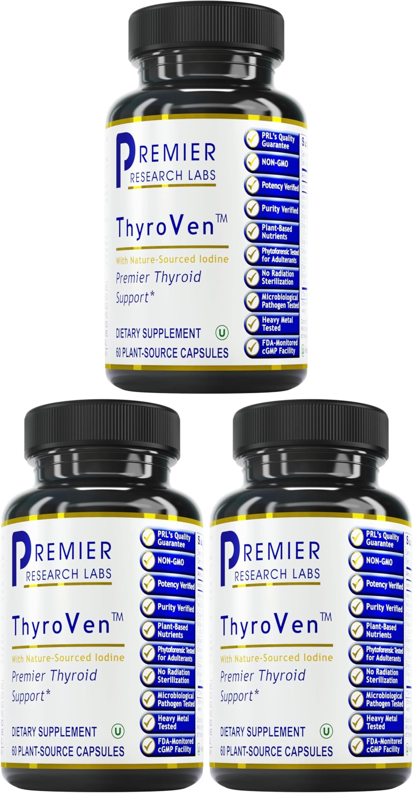 Premier Research Labs ThyroVen - Thyroid Support Supplement for Women & Men, Thyroid Support Complex with Naturally-Sourced Iodine, Non-GMO - 60 Capsules (Pack of 3) 60 Count (Pack of 3)