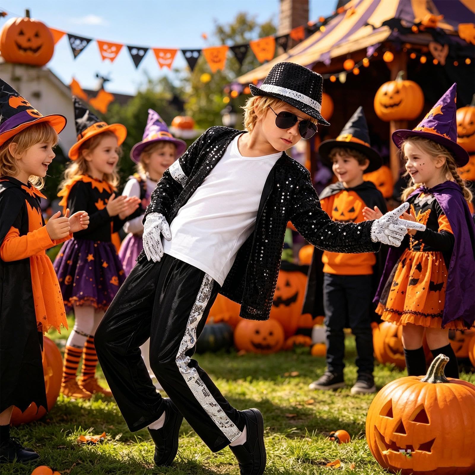 Generico Michael Costume Jackson Vestito Bambino, Pop Star, Set 6 Pezzi Con Giacca Nera Con Paillettes, Pantaloni, Cappello, Guanto – Spettacoli Halloween Christmas