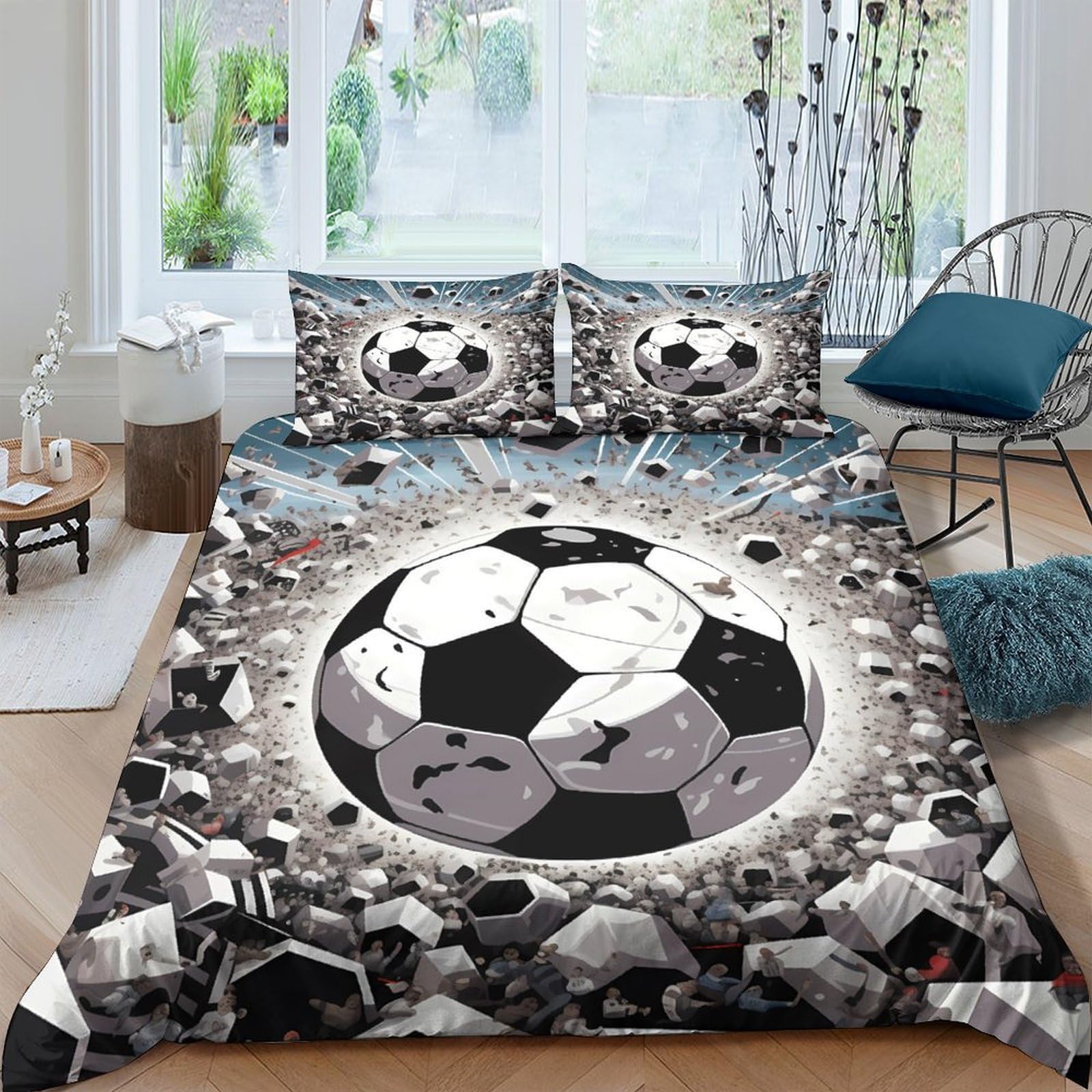 Ctjqhvkz Style-2 3D Printed Soccer Explosion Fitted Sheet Microfiber Soft Black White Football Bed Cover For Bedroom Dorm Mattress Protection Single（135X200cm）