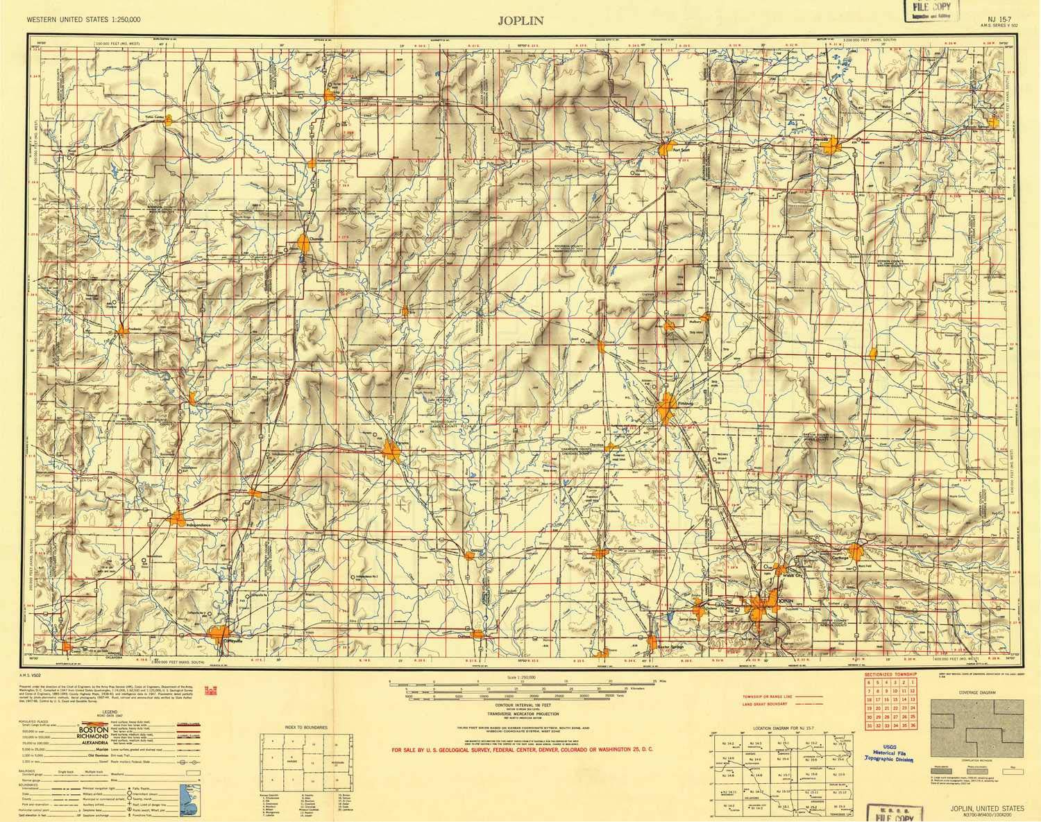 YellowMaps Joplin MO topo map, 1:250000 Scale, 1 X 2 Degree, Historical, 1947, Updated 1954, 23.64 x 29.92 in