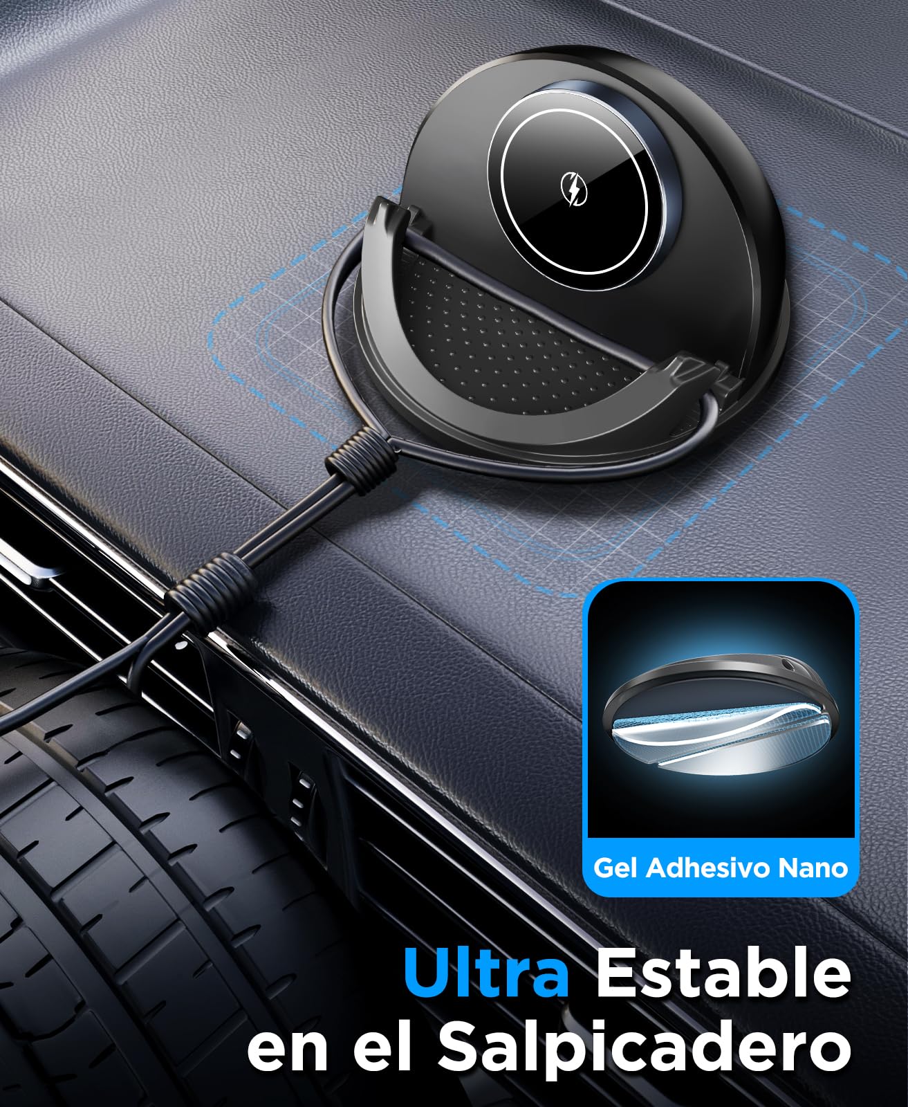 Beeasy Cargador Inalambrico Coche de Silicona, 15W Qi Rápido Estación de Carga Inductiva, [2025 Ventilador Integrado], Soporte Móvil Coche Salpicadero para iPhone Samsung Smartphone