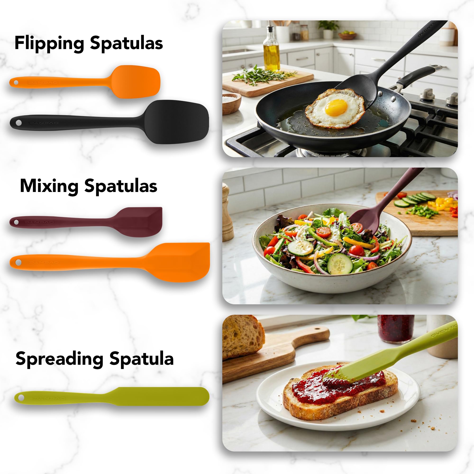 Ovente sin BPA Premium espátulas de silicona con núcleo de acero inoxidable, 500 °F resistente al calor, antiadherente, lavavajillas, diseño ergonómico, multicolor