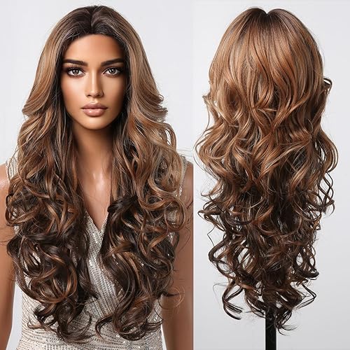 Miniatura 1 de Pelucas largas rizadas marrones para mujeres negras, peluca sintética natural, peluca ondulada de agua de aspecto natural, resistente al calor, 28